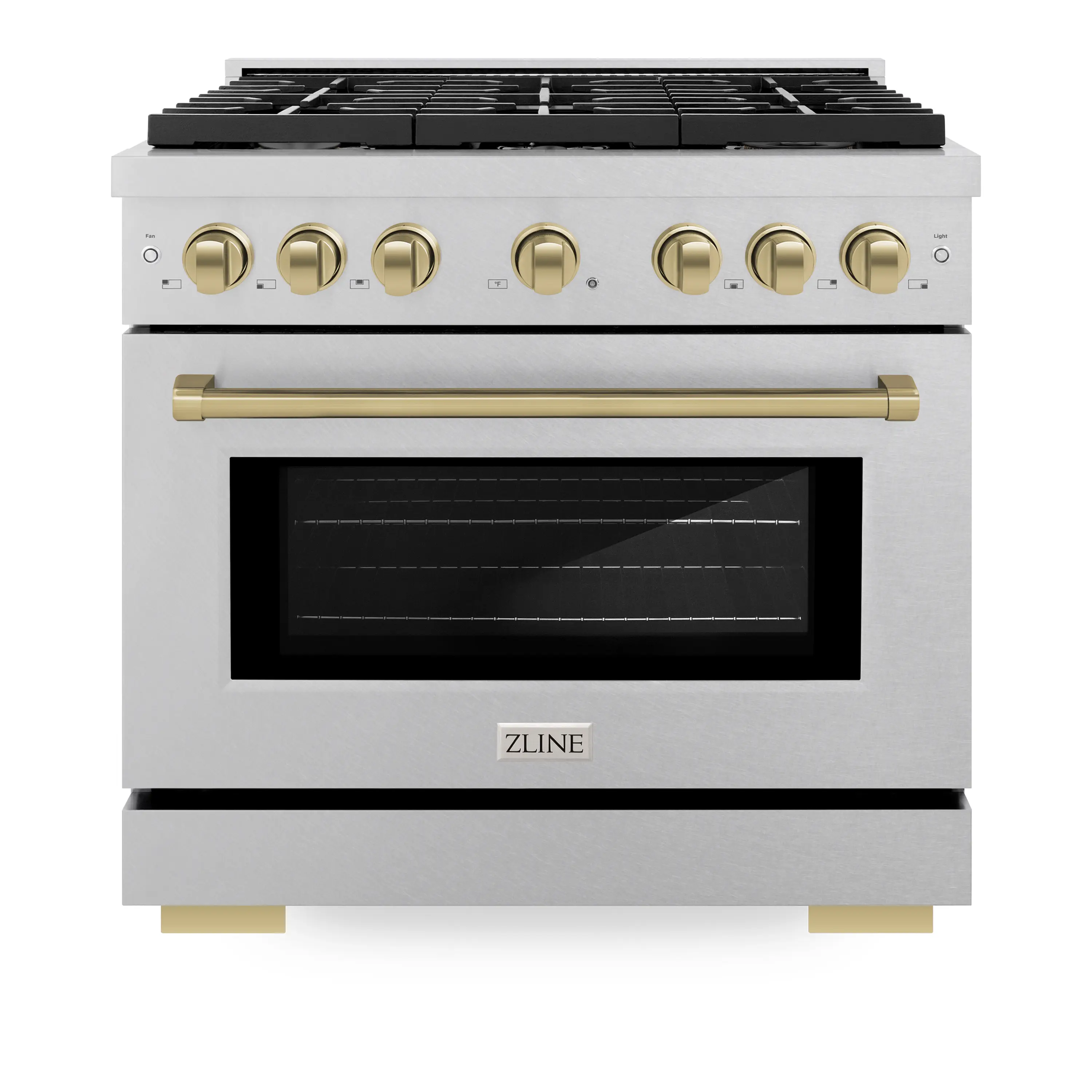 ZLINE Autograph Edition 36-Inch 5.2 cu. ft. Paramount Dual Fuel Range with 6 Burner Gas Cooktop and Electric Convection Oven in Satin Stainless Steel with Champagne Bronze Accents (SDRSZ-36-CB)