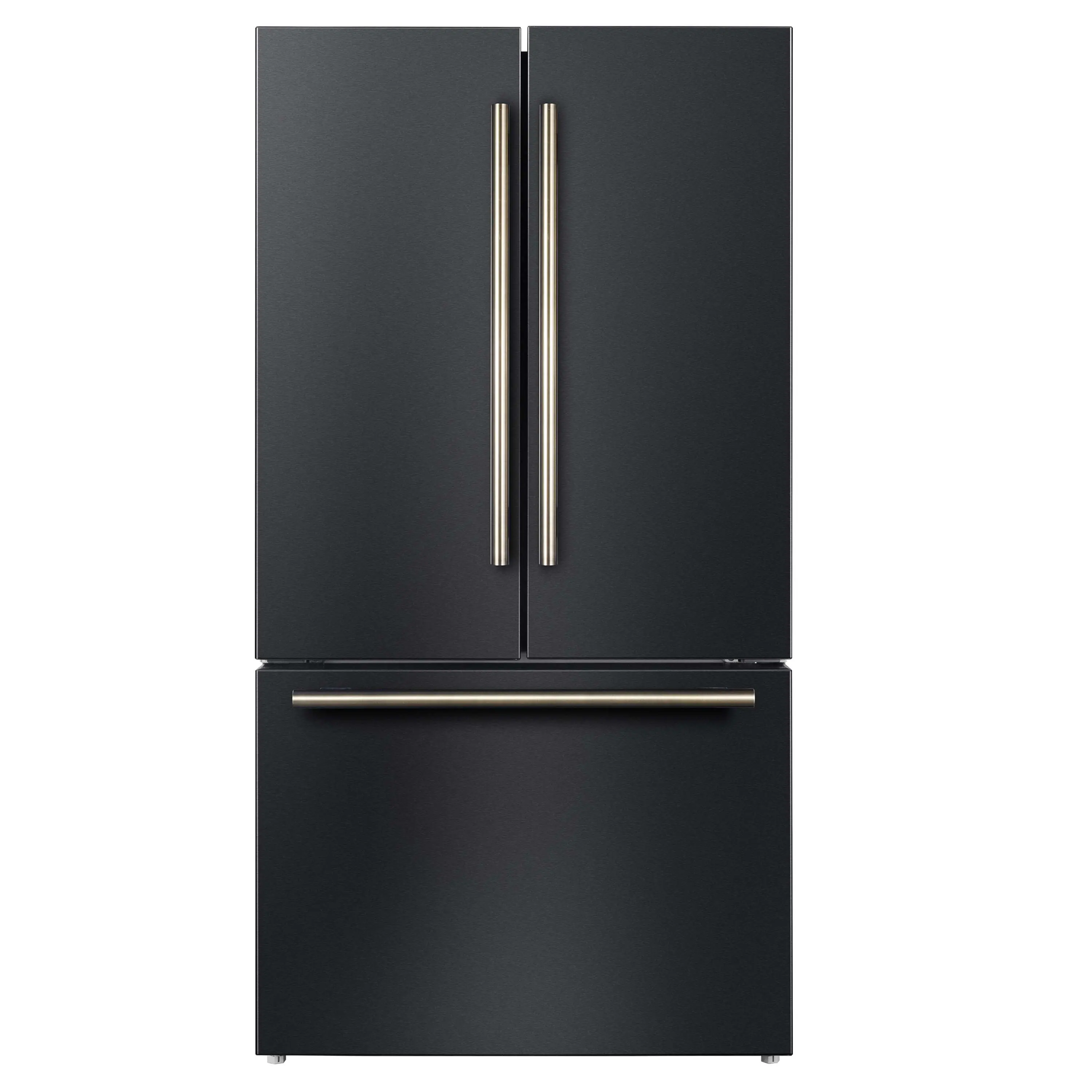 Forno Rivello 36-Inch French Door 27.4 Cu. Ft. Refrigerator with Internal Water Dispenser in Black with Antique Brass Handles (FFFFD1783-36BLK)