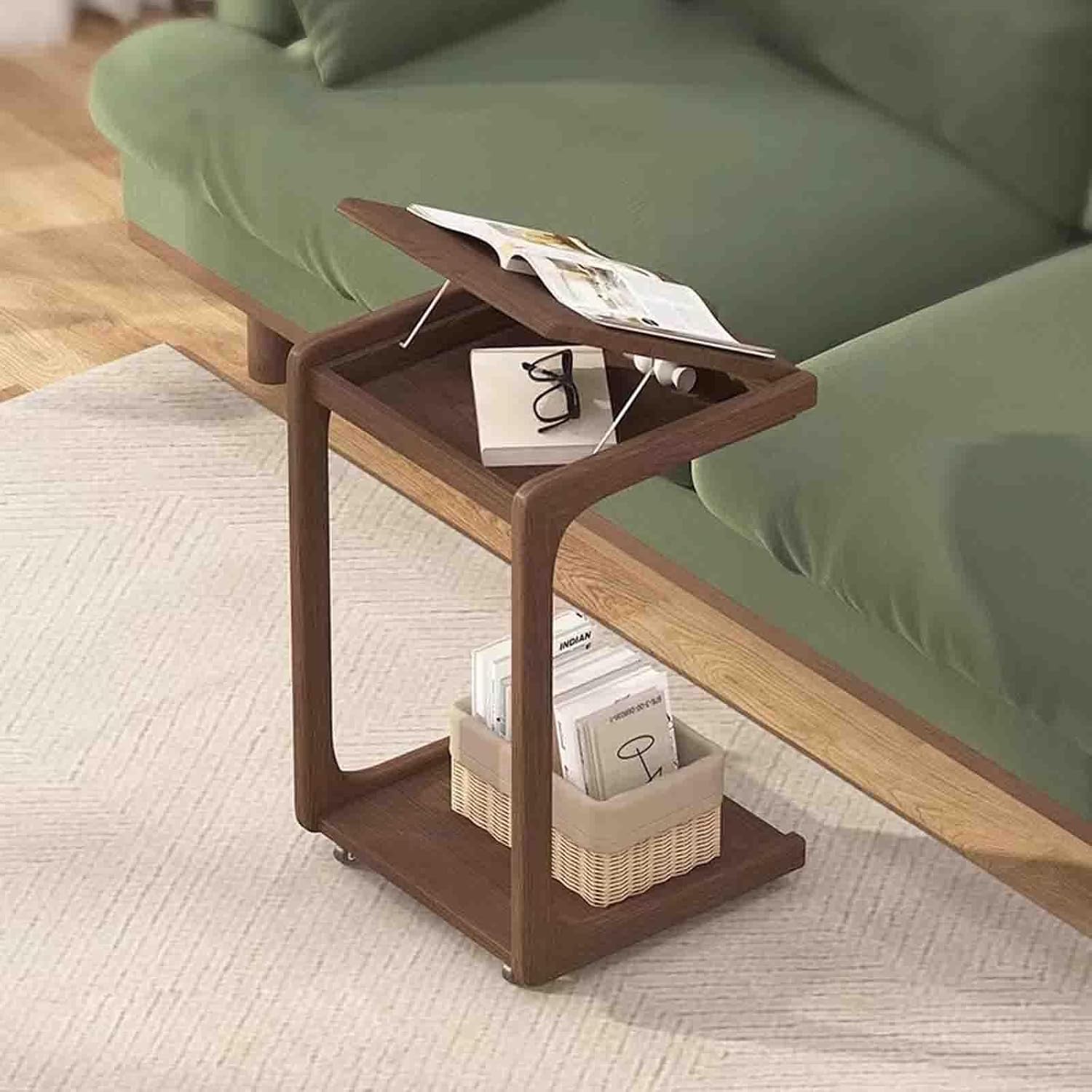 Overbed Table with Wheels, Solid Wood Side Table, Removable C-Shaped Bedside Table Side Cabinet for Hospital & Home Medical Use(L 40 CM)