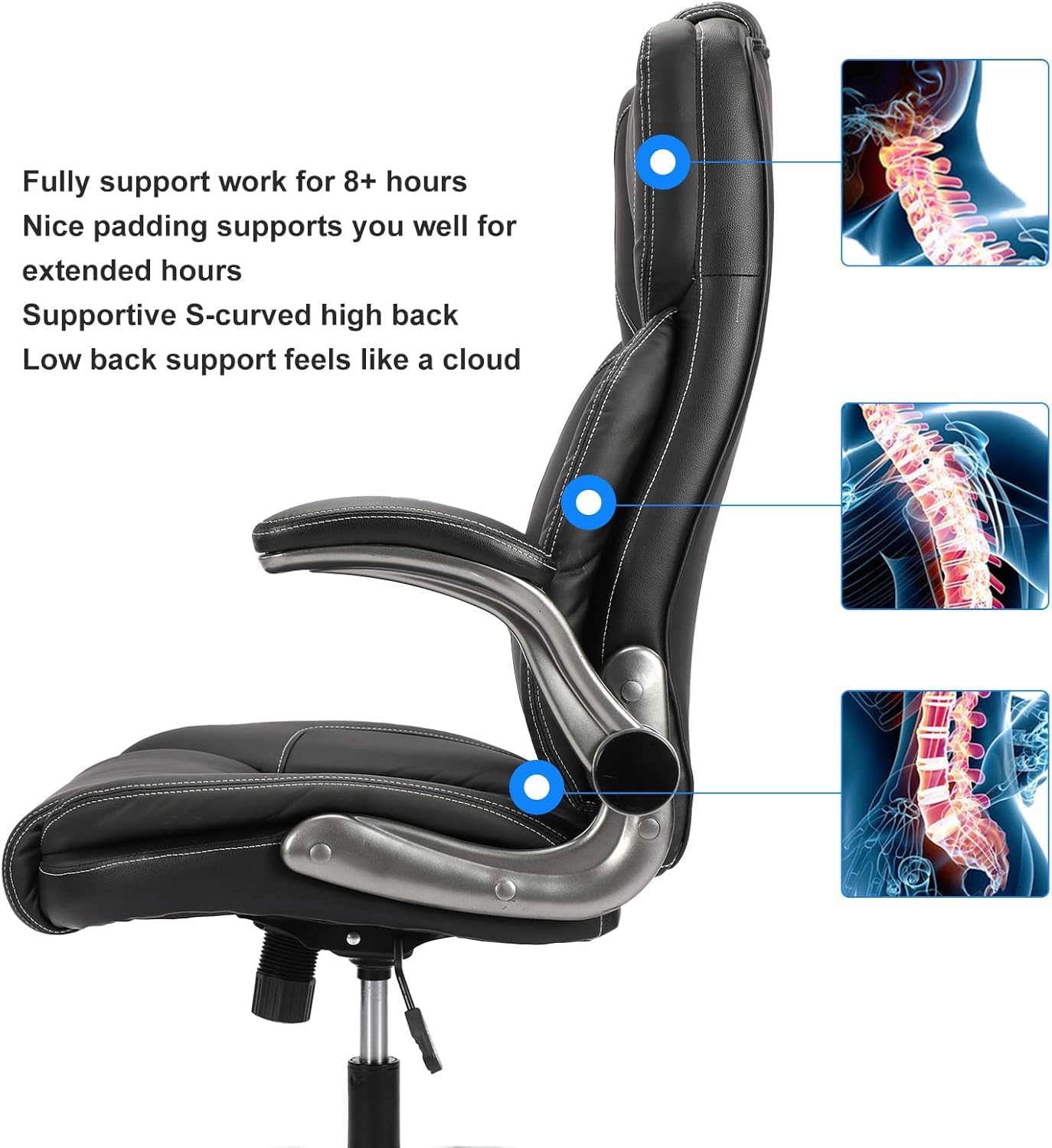 Executive PU Leather Office Chair with Wheels, High Back Ergonomic Lumbar Support Office Chairs, 90-120° Rocking Home Desk Chair with Flip up Arms, Back Support Swivel Chair(Black)