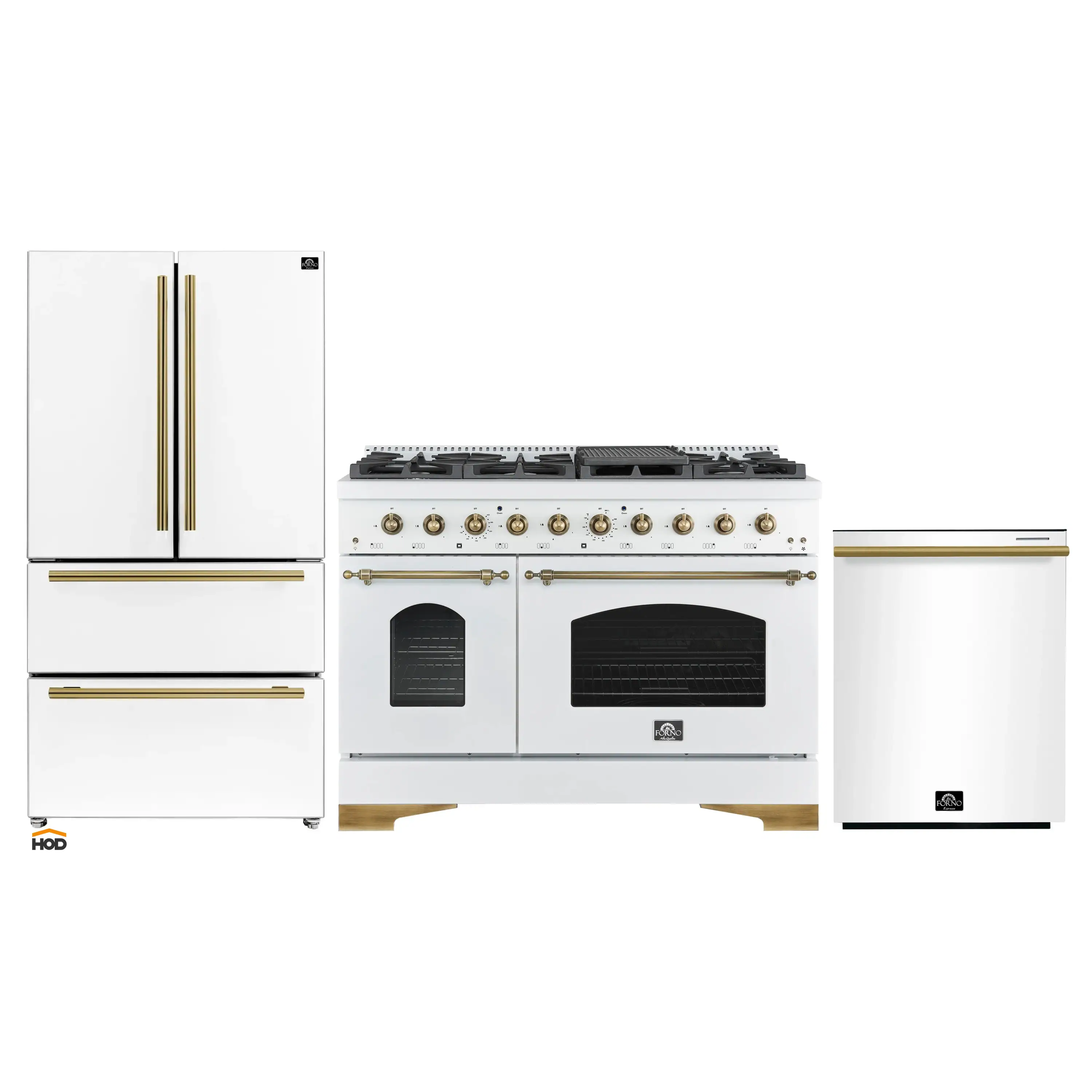 Forno Antico 3-Piece Appliance Package - 48-Inch Gas Range, 36-Inch Refrigerator, & 24-Inch Dishwasher in White with Antique Brass Trim