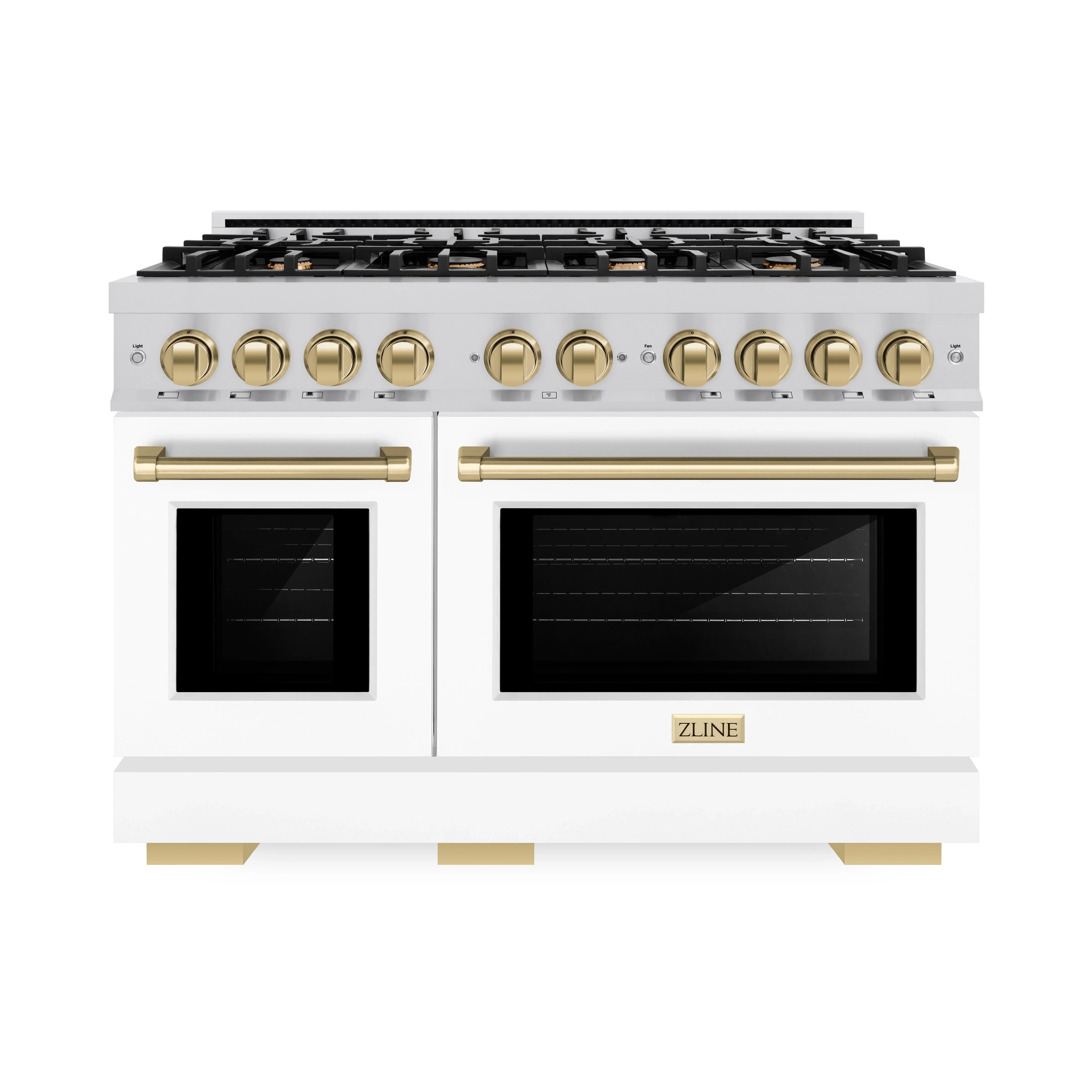 ZLINE Autograph Edition 48-Inch Select Series Double Oven Dual Fuel Range with 8 Gas Burner Cooktop and 6.7 cu. ft.  Electric Convection Oven in Satin Stainless Steel with White Matte Doors and Champagne Bronze Accents (HDRSZ-WM-48-CB)