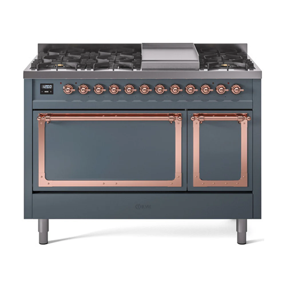 ILVE Nostalgie II Noblesse 48-Inch Dual Fuel Freestanding Range with Solid Door Oven in Blue Grey with Copper Trim (UN48FQNMPBGP)