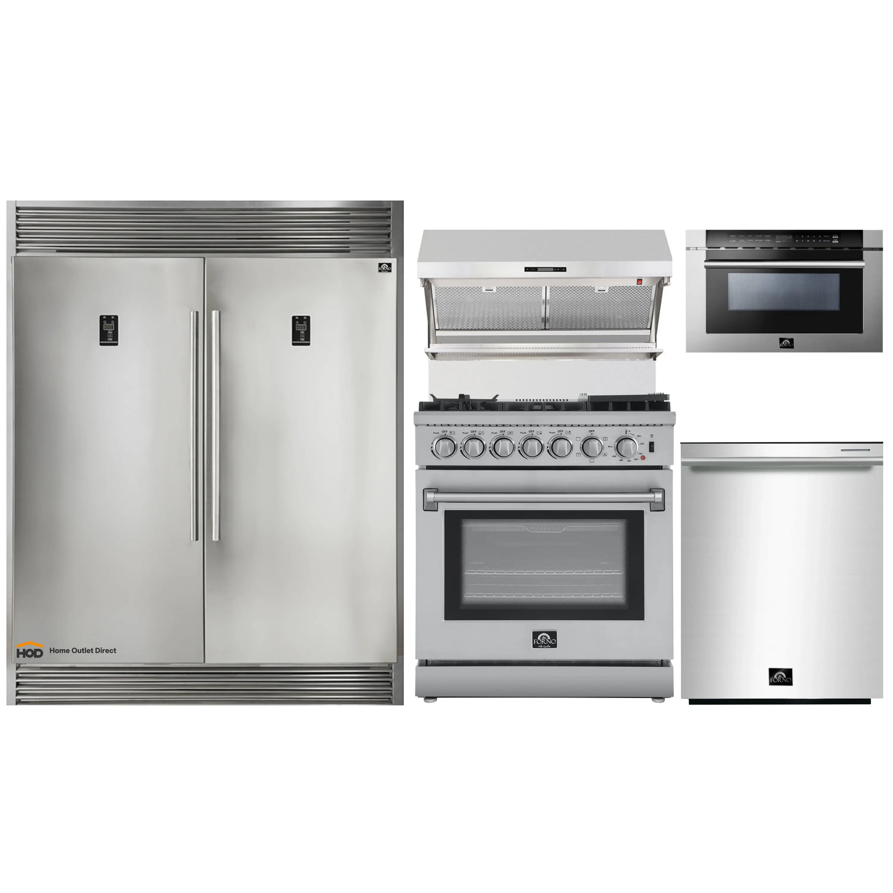 Forno 5-Piece Appliance Package - 30-Inch Dual Fuel Range with Air Fryer, 60-Inch Pro-Style Refrigerator, Wall Mount Hood with Backsplash, 24-Inch Microwave Drawer, & 3-Rack Dishwasher in Stainless Steel