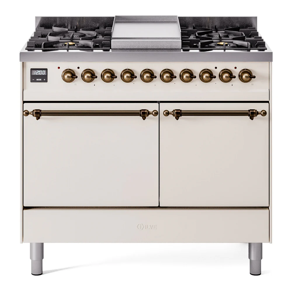 ILVE 40-Inch Nostalgie II Dual Fuel Range with 6 Burners, Griddle and Solid Door Oven in Antique White with Bronze Trim (UPD40FQNMPAWB)