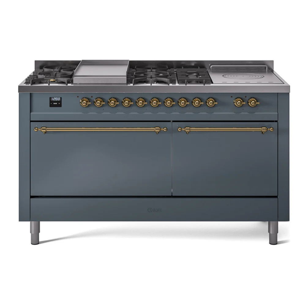 ILVE Nostalgie II 60-Inch Dual Fuel Range with 7 Burners, Griddle, & French Top with Solid Door Oven in Blue Grey with Brass Trim (UP60FSQNMPBGG)
