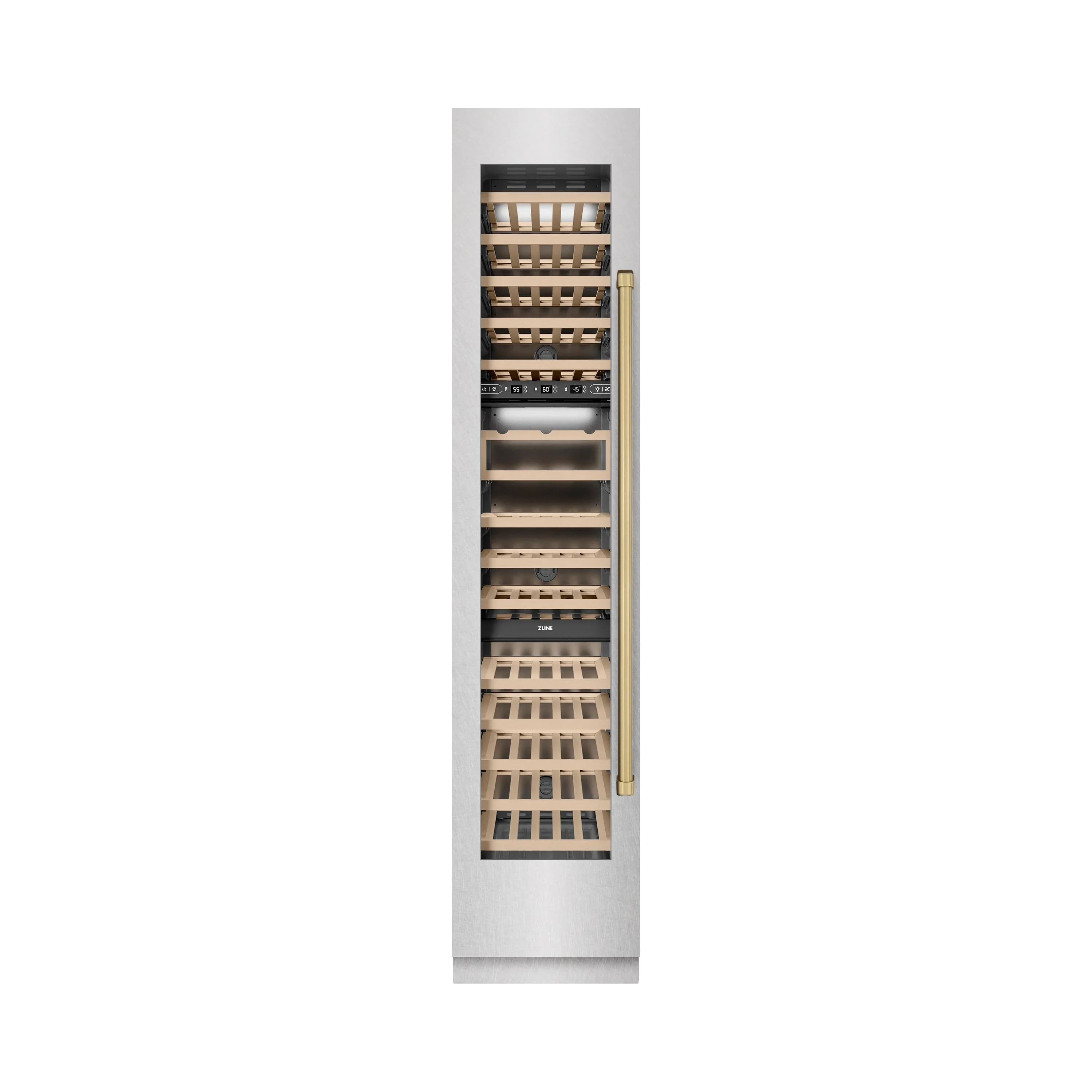 ZLINE Autograph Edition 18-Inch 9.0 Cu. Ft. Triple Zone 68 Bottle Left Hinge Column Wine Cooler in Satin Stainless Steel with Champagne Bronze Accents (RCWVLZ-SN-18-CB)