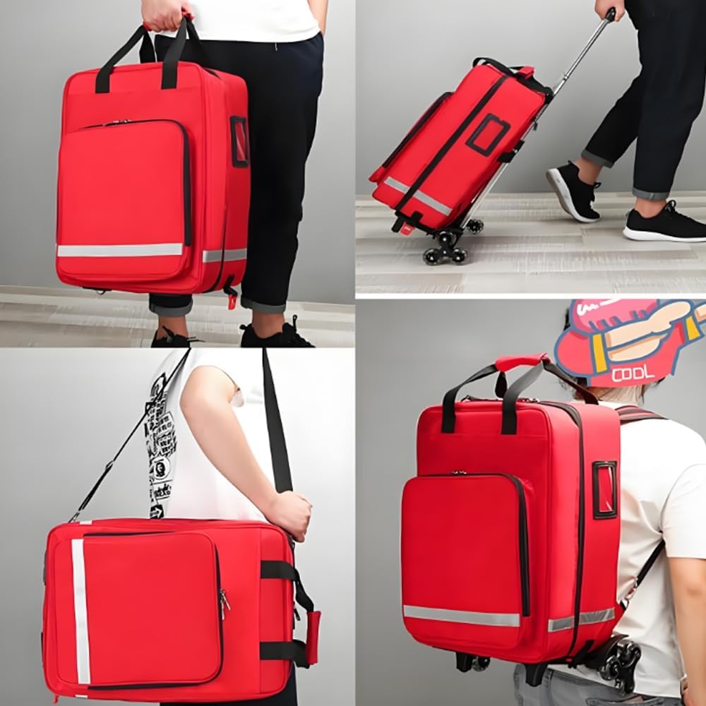 Rolling Medical Bag, Professional First Aid Kits, Nurse with Removable Dividers, Emergency Responder Trauma, Reflective Strips, for Home, Nurses, Doctors, EMT(Red)