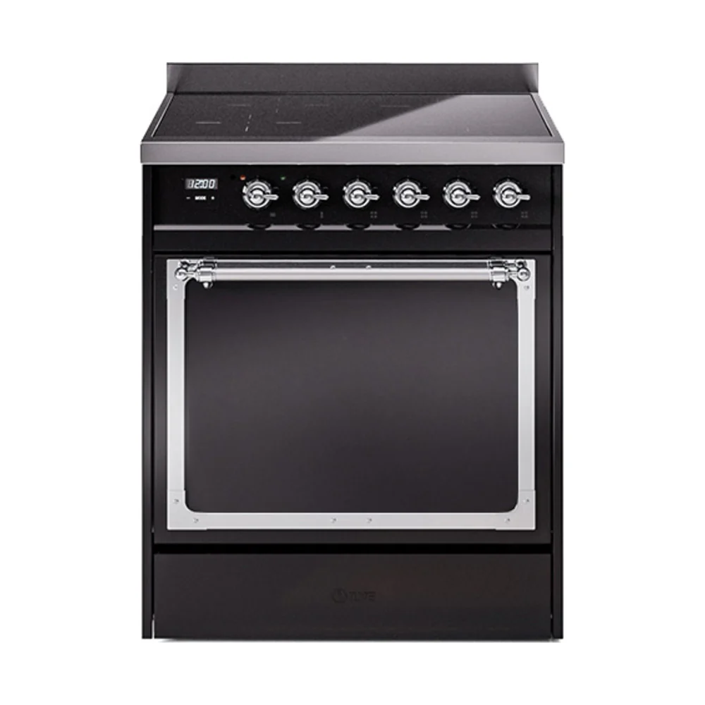 ILVE 30-Inch Nostalgie II Noblesse Induction Range with Solid Door Oven in Glossy Black with Chrome Trim (UNI304QNMPBKC)