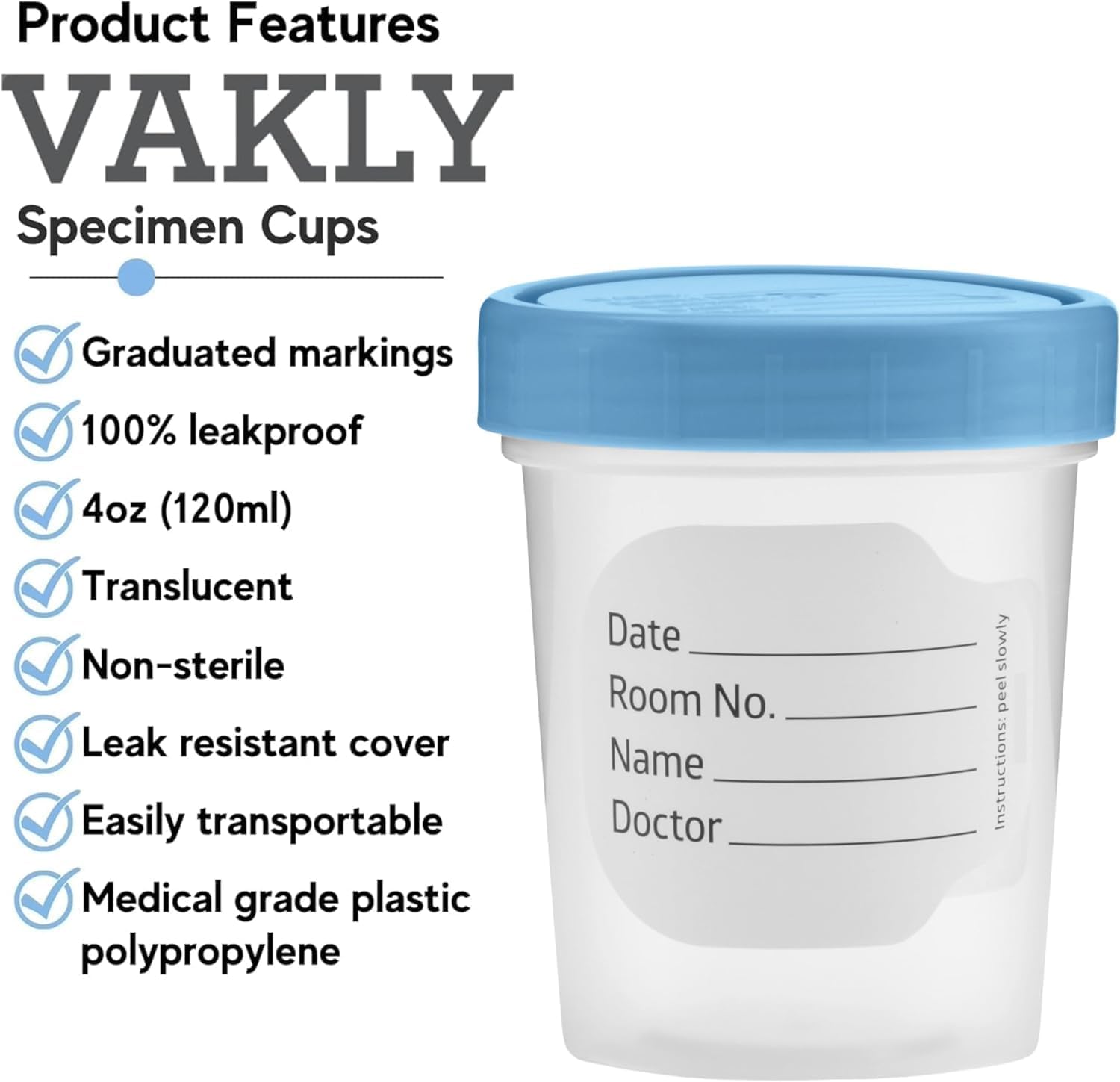 Vakly Specimen Cups with Leak Proof Screw on Lids - 4oz Clear Non-Sterile Urine Sample Jars - Containers for Safe Pee, Stool, Semen Sample Collection for Testing (500)