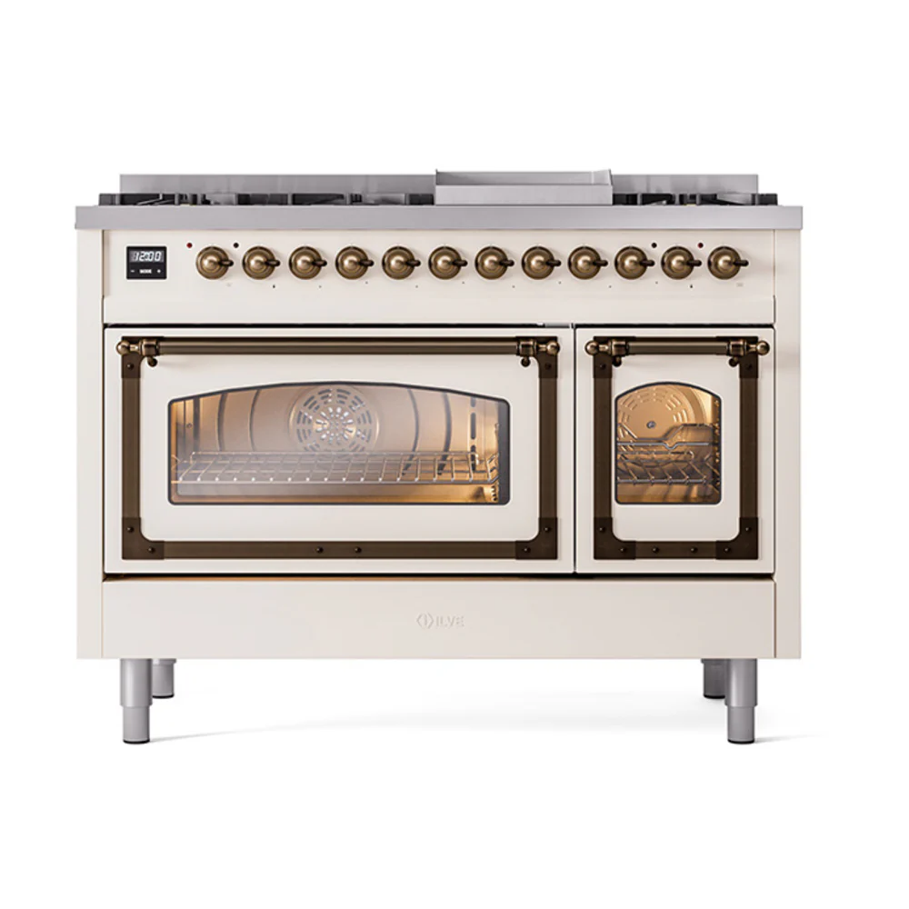ILVE Nostalgie II Noblesse 48-Inch Dual Fuel Freestanding Range in Antique White with Bronze Trim (UN48FNMPAWB)