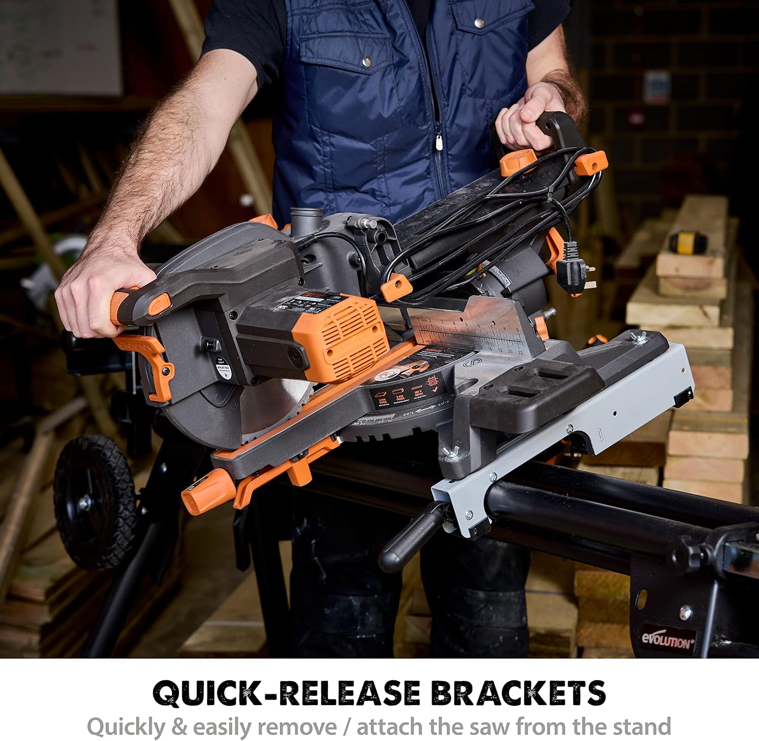 Evolution Power Tools Miter Saw Stand PLUS - Compact Folding Stand with Extendable Arms, Large Wheels, Universal Fittings for Most Brands Evolution, Makita, DeWalt, Bosch, Ryobi, Einhell and Metabo