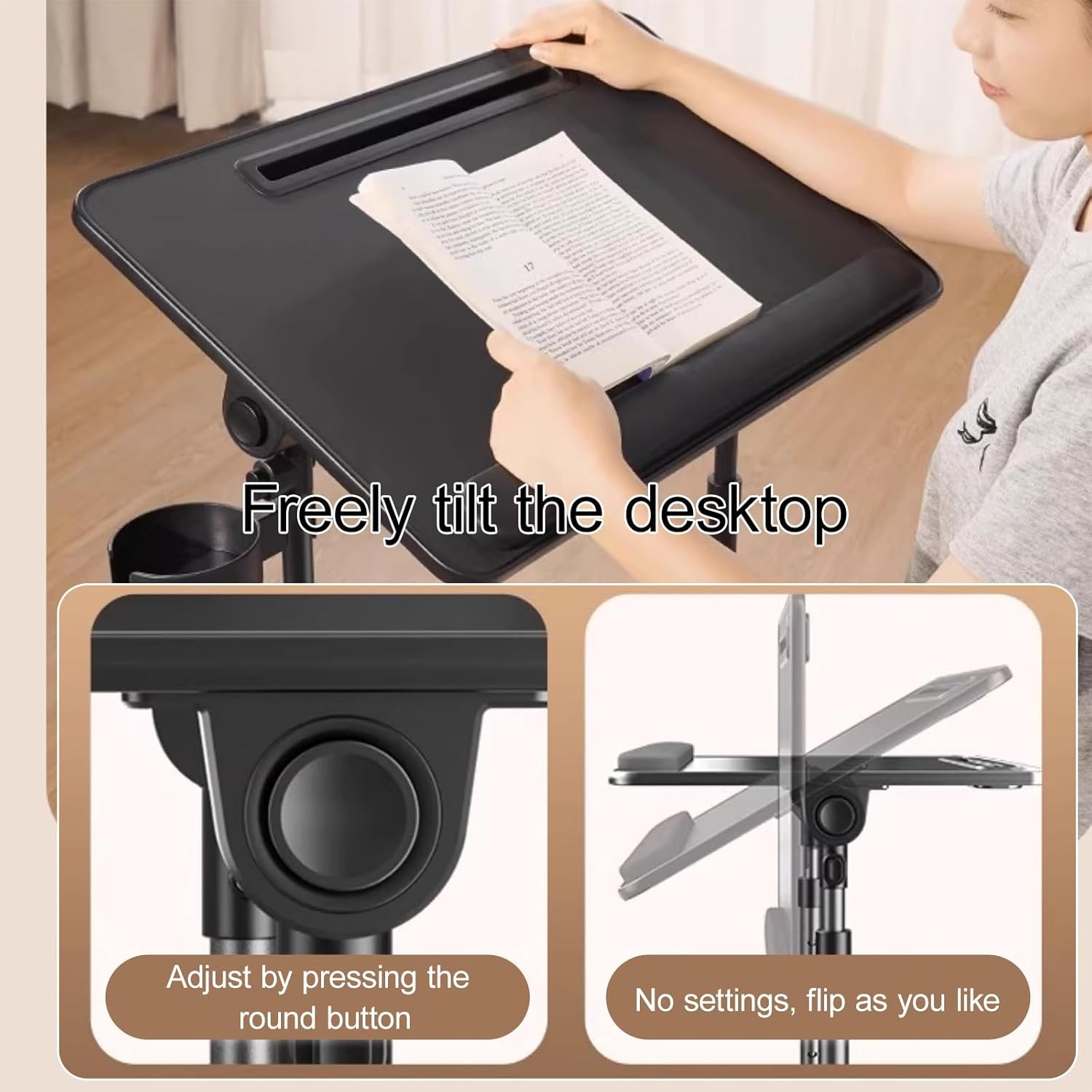 Overbed Bedside Table with Wheels, Adjustable Hospital Bedside Desk, Tiltable Hospital Bed Table Over The Bed, with Cup Holder, for Couch, Home, Office(White)