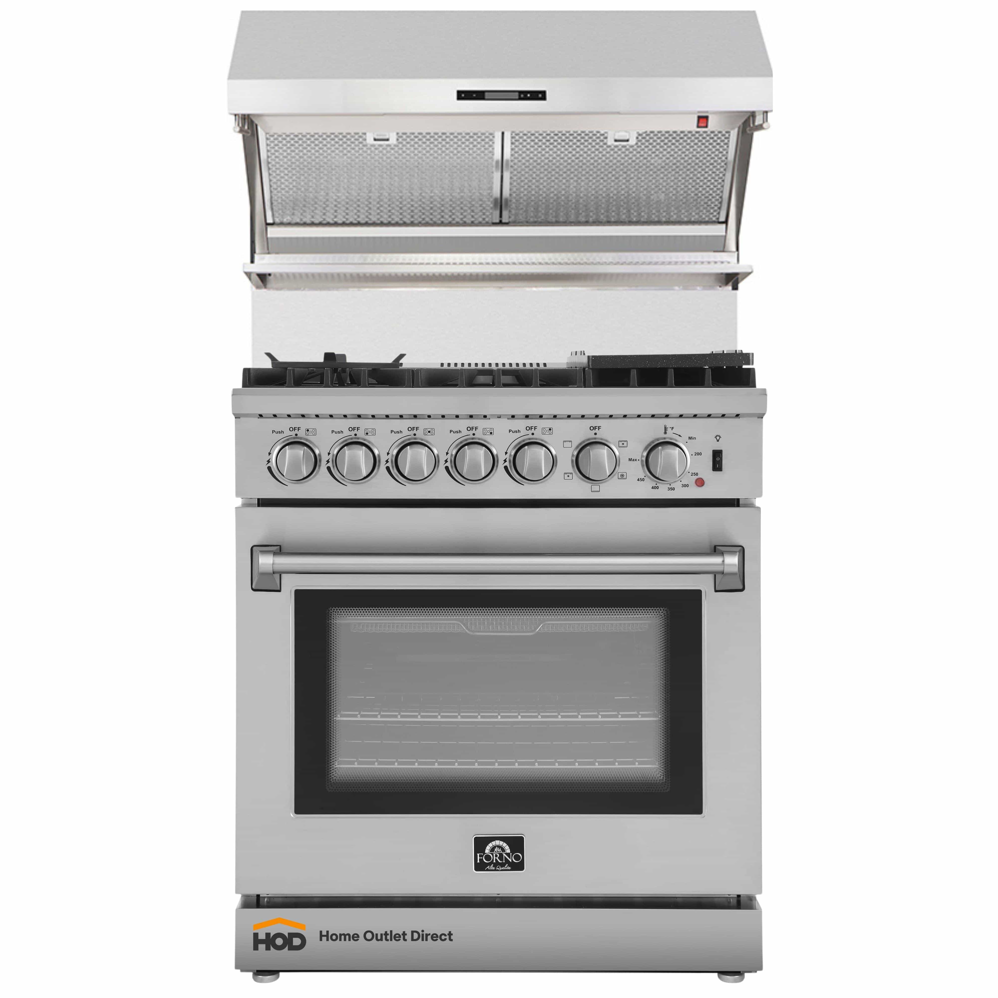 Forno 2-Piece Appliance Package - 30-Inch Dual Fuel Range with Air Fryer & Wall Mount Hood with Backsplash in Stainless Steel
