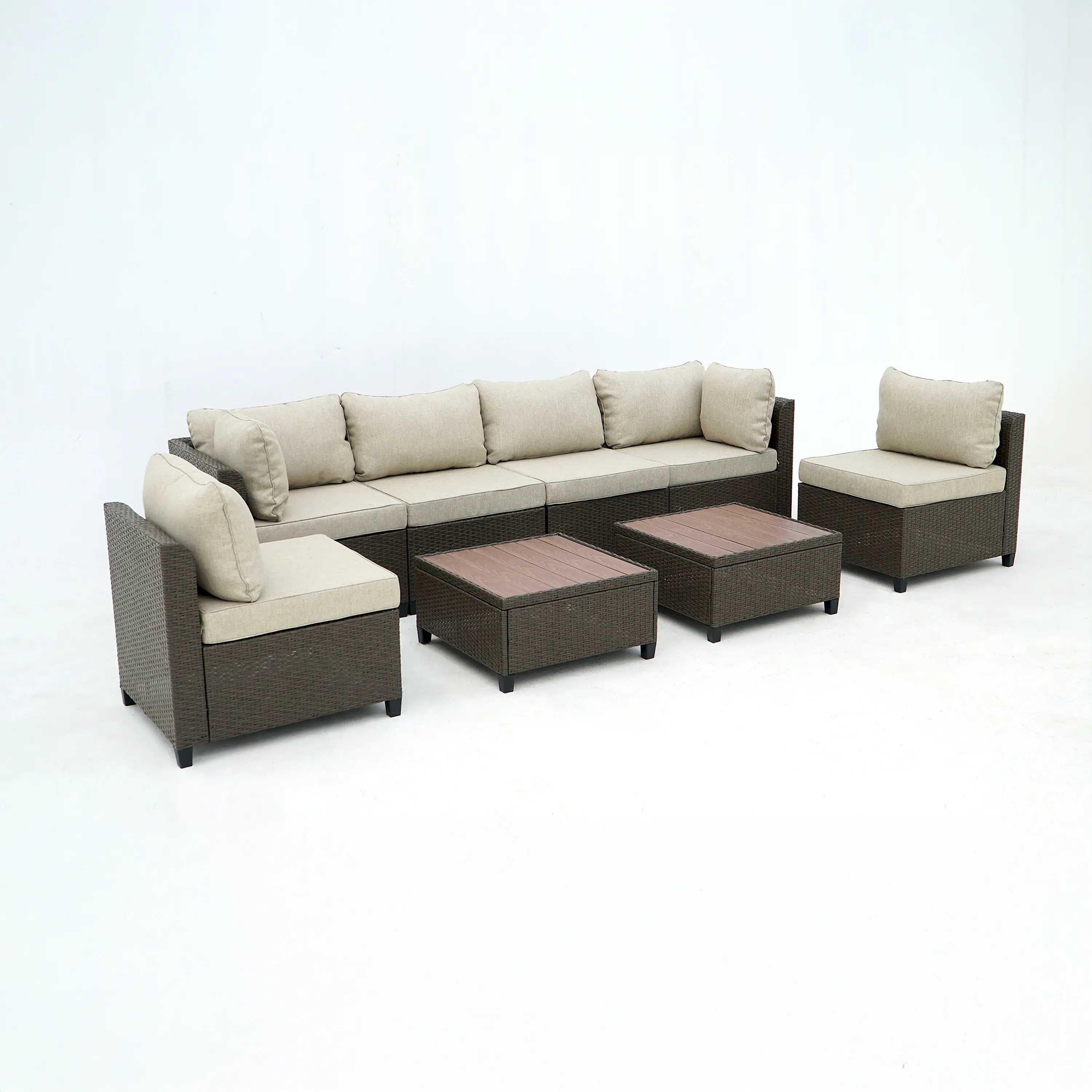 Deko Living 8 Piece Brown Outdoor Sectional Wicker Sofa Chairs and Tables  with Interchangable Beige and Red Cushion Covers (COP30011)