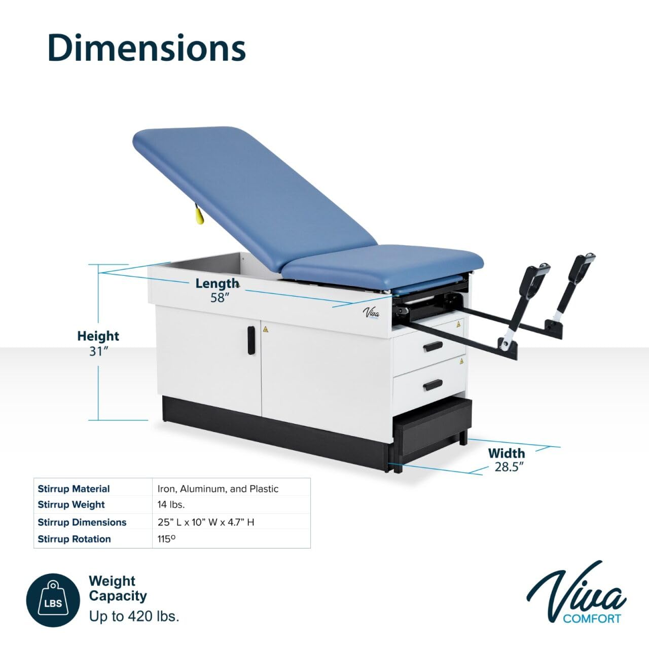 Slim Line Medical Exam Table with Stirrups, Blue, 420 lbs Weight Capacity