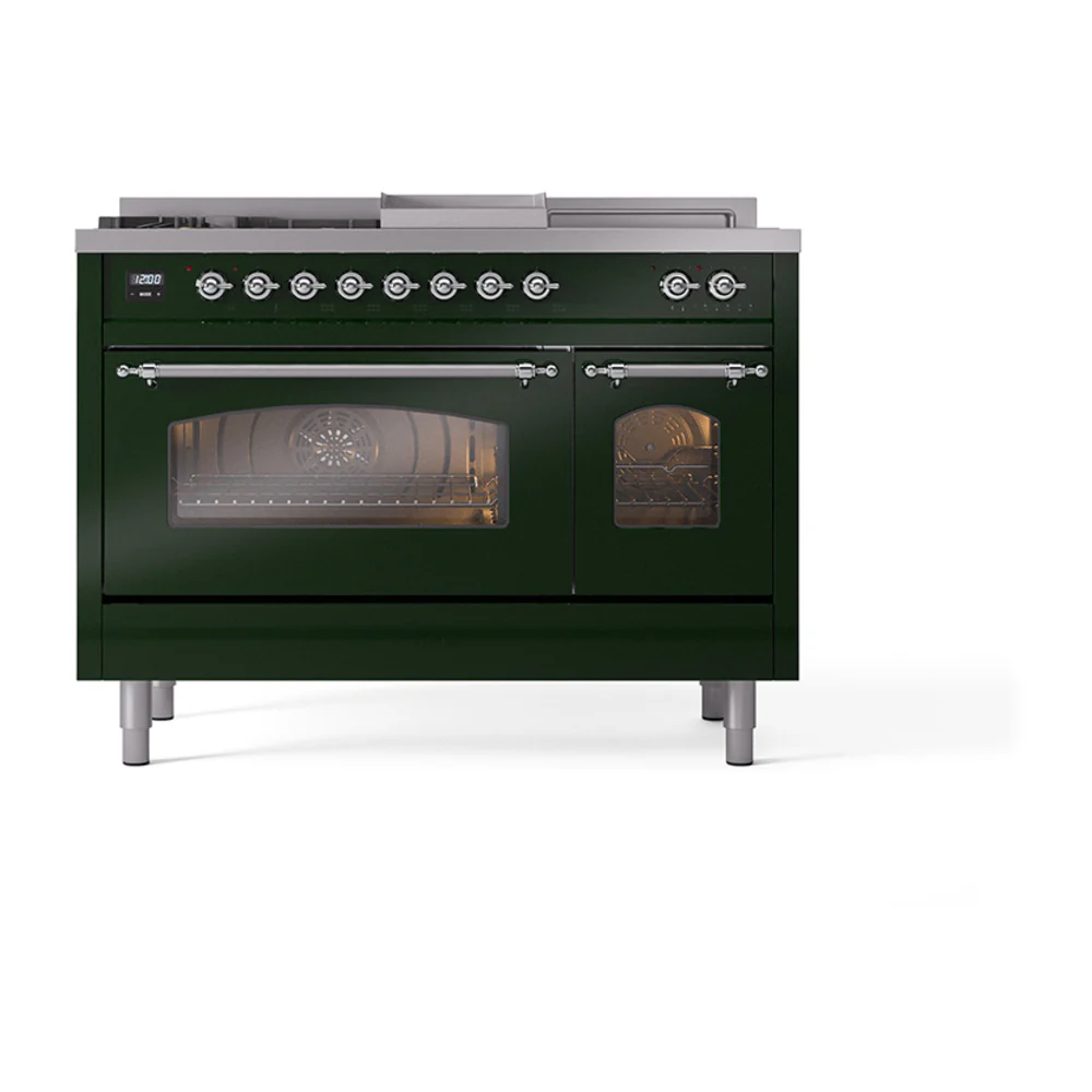 ILVE Nostalgie II 48-Inch Dual Fuel Range with 5 Burners, Griddle, & French Top with Triple Glass Door Oven in Emerald Green with Chrome Trim (UP48FSNMPEGC)
