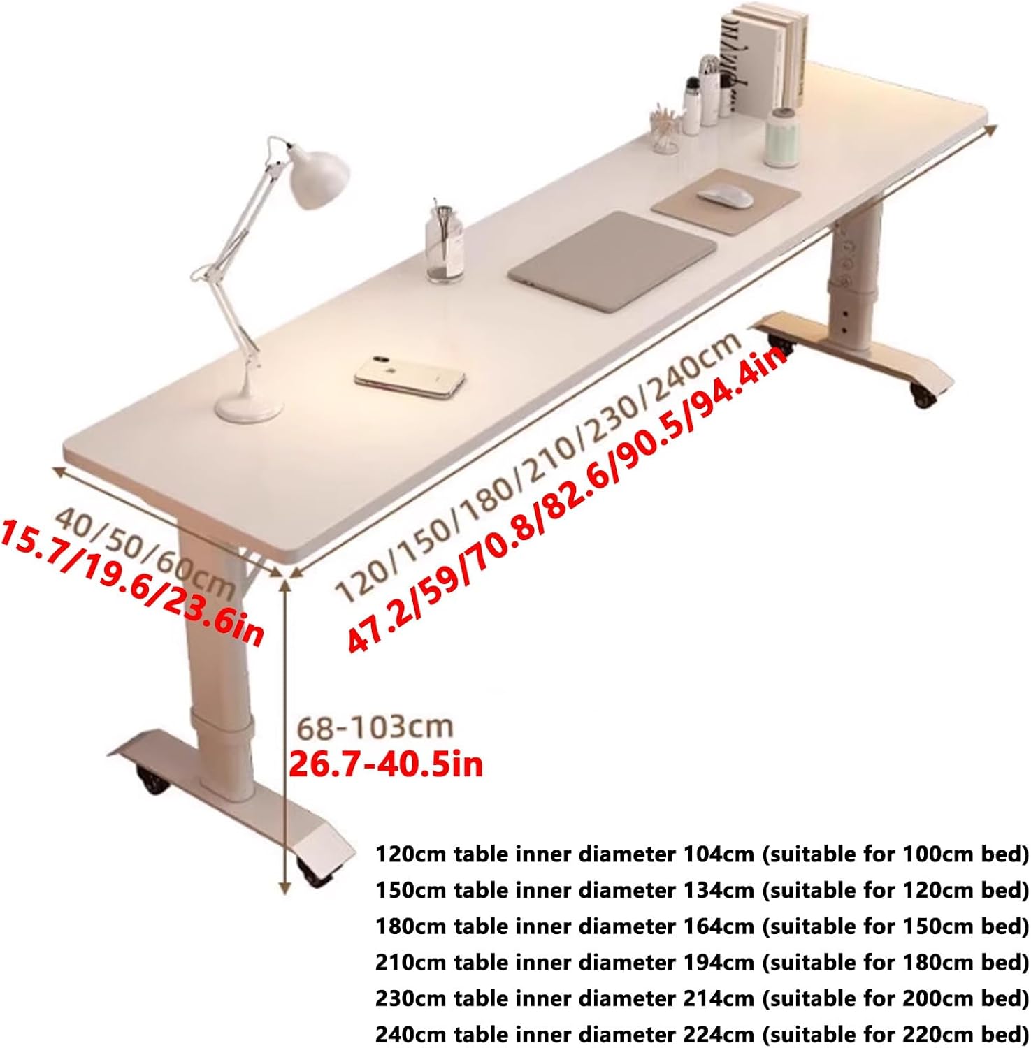 Adjustable Height Over Bed Table with Wheels, Mobile Hospital Overbed Table, Standing Workstation Laptop Cart, Overbed Bedside Desk for Eating and Laptops(White+Black,240x40cm/94x16)