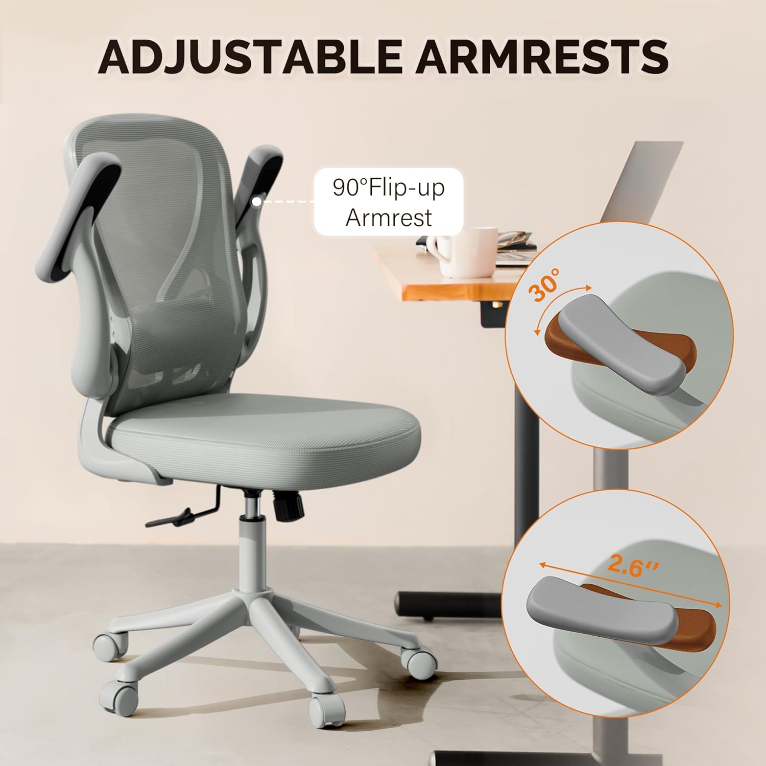 Computer Desk Chair with Wheels, Mesh Office Chair with Flip Up Arms, Adjustable Lumbar Support, Swivel Desk Chair Comfy, All Grey