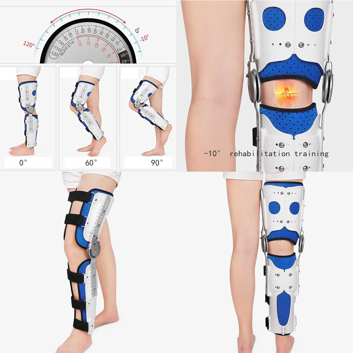 Hinged Knee Support Brace Full Support Adjustable Knee Joint Fixed Brace Hinge Splint Breathable Left and Right Leg Universal Lower Limb Brace for Postoperative Fixation,Blue-One Size
