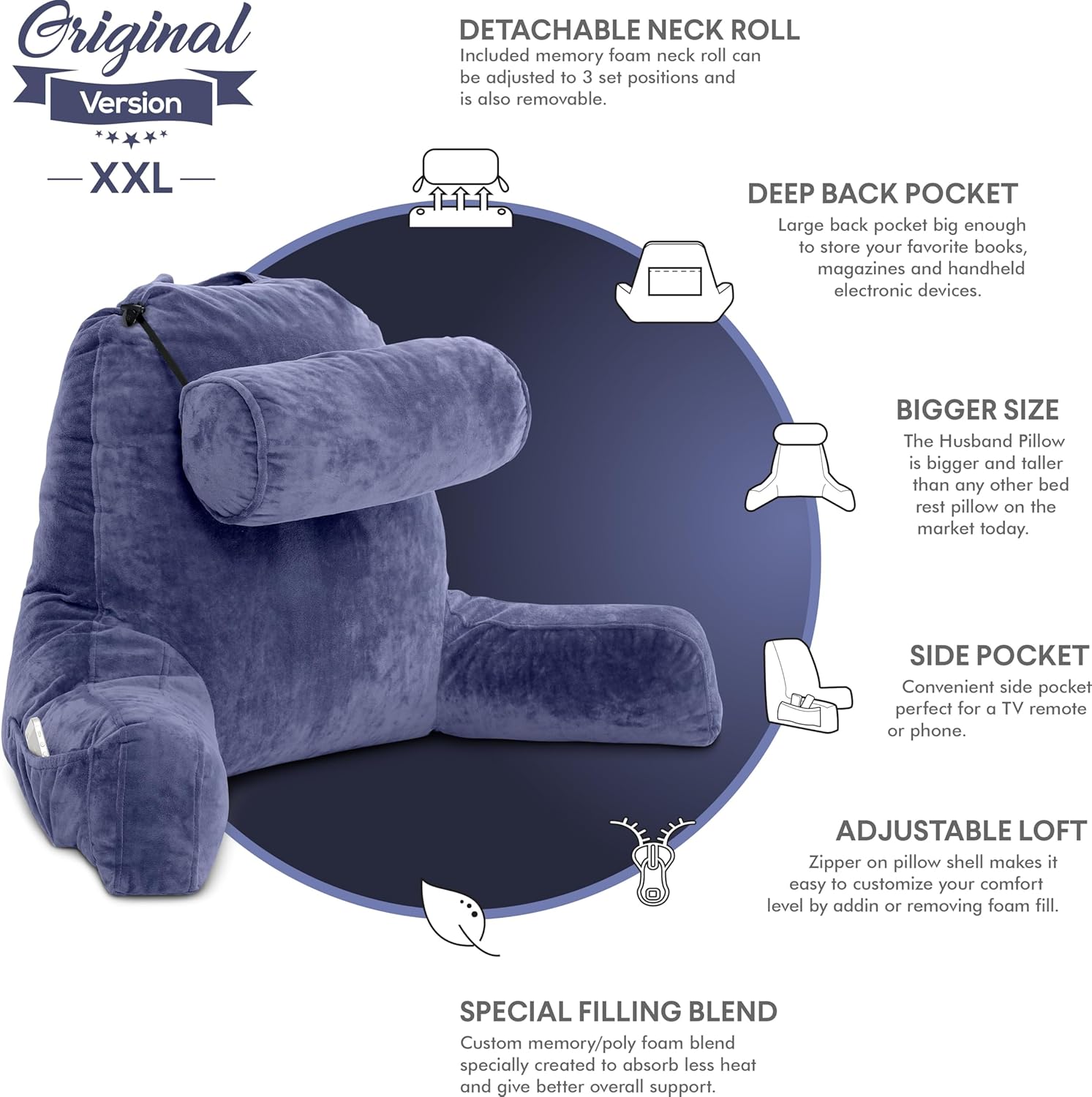 Husband Pillow XXL - Reading Pillow Bed Chair with Arms & Back Support - Dark Blue - Back Pillow for Beds Sitting Up - Bed Rest Arm Pillow - Comfy Reading Pillow for Adults