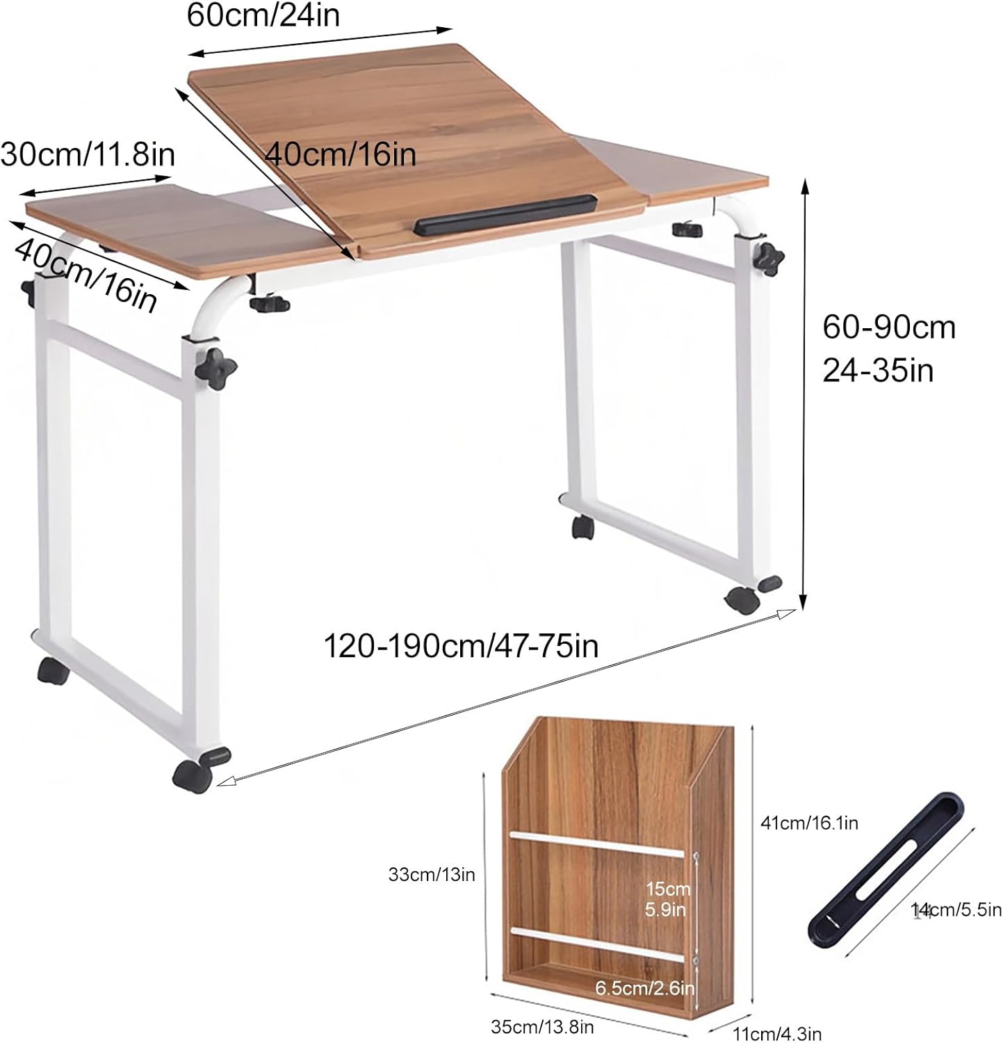 Overbed Table with Wheels, Queen Size Over Bed Desk with Adjustable Tilt Stand, Laptop Tray with Height and Length Frame Adjustment, for Hospital and Home Use(Wood Color,120cm/47in)