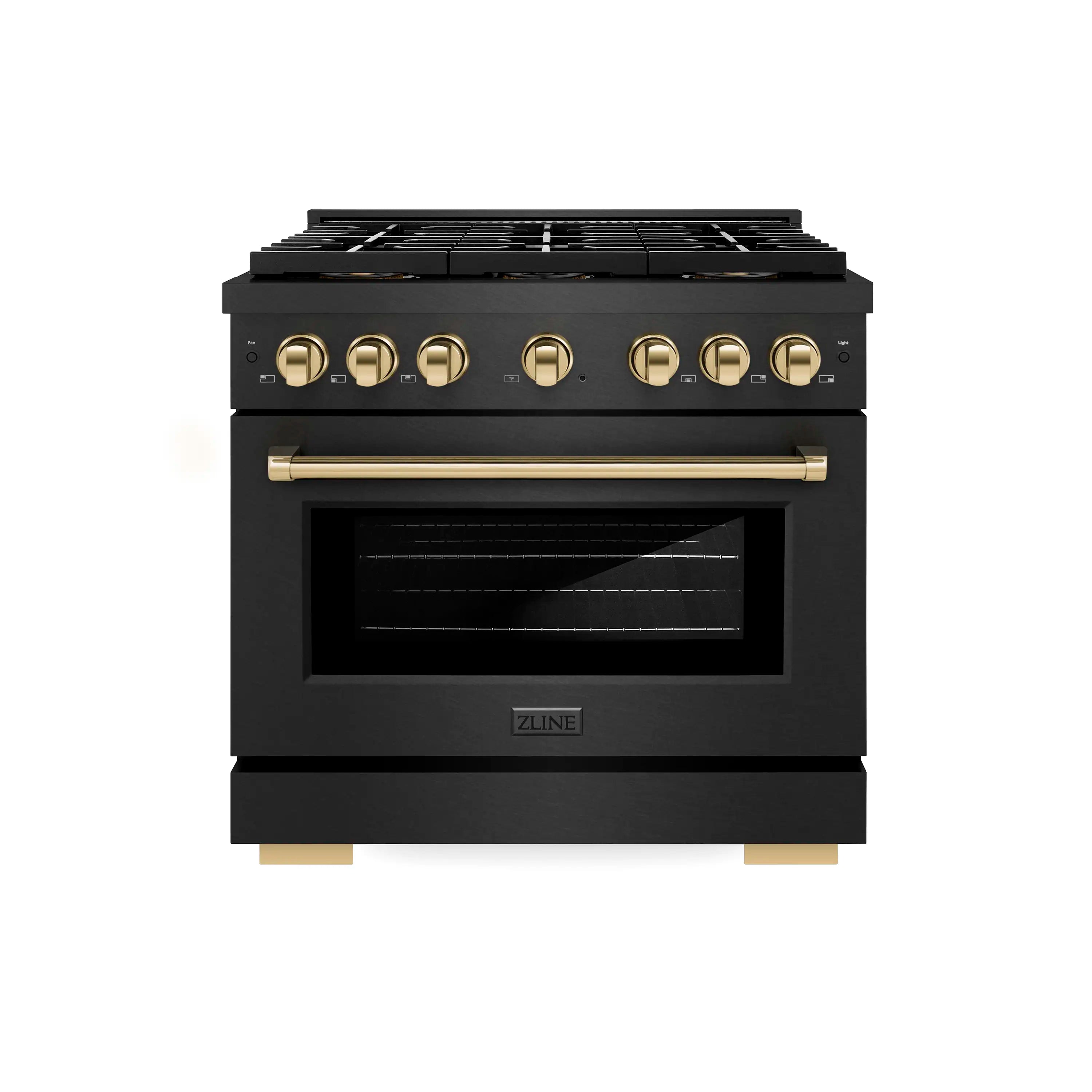 ZLINE Autograph 36-Inch 5.2 Cu. Ft. Paramount Dual Fuel Range with 6 Burner DuoPro Cooktop in Black Satin and Gold Accents  (PSDRBSZ-36-G)