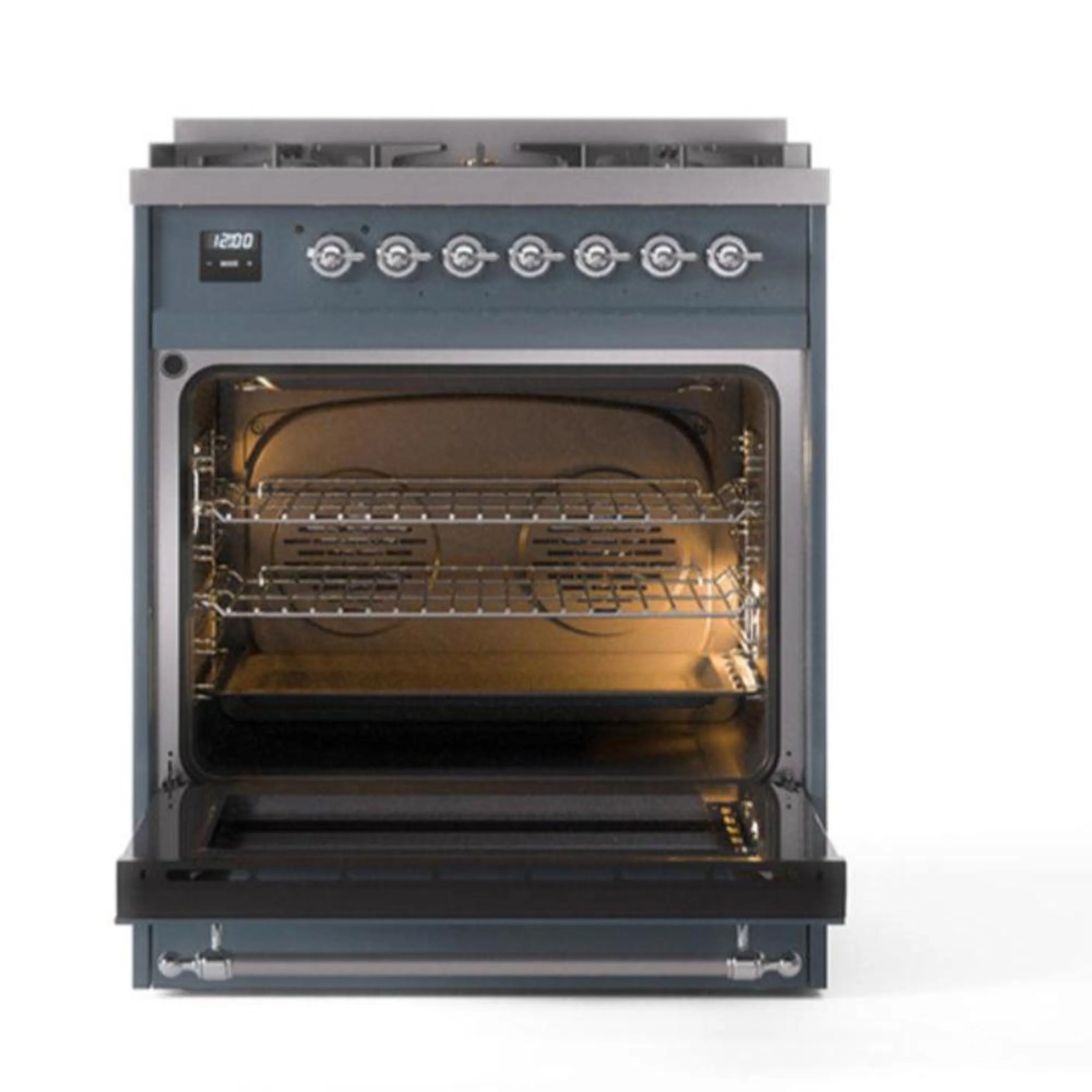 ILVE Nostalgie II 30-Inch Dual Fuel Range with Solid Door in Blue Grey with Bronze Trim (UP30QNMPBGB)