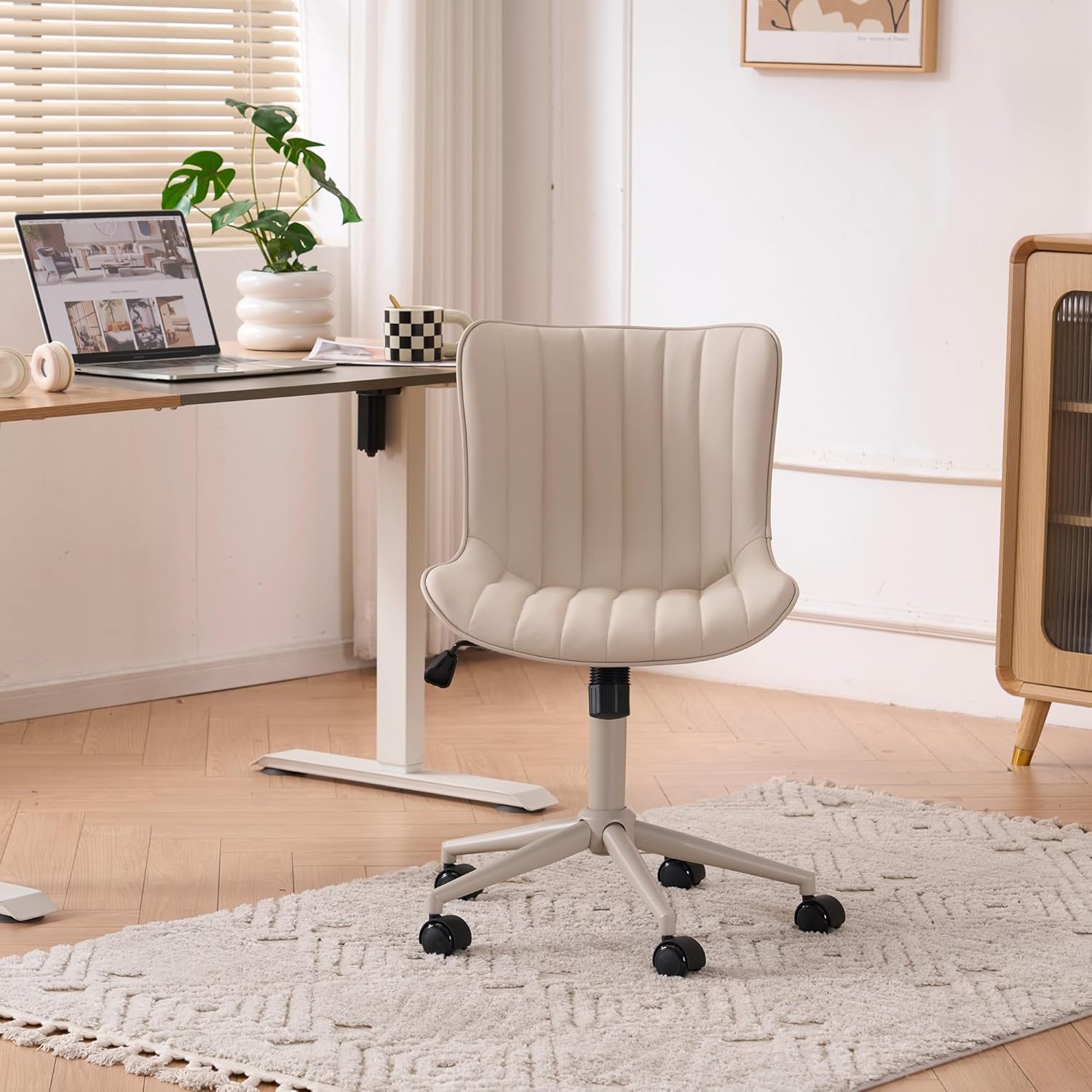 YOUNIKE Cream Home Office Desk Chair with Wheels Armless Compact Comfy Vanity Chair with Adjustable Back Modern Small Leather Upholstered Rolling Swivel Cute Computer Task Sewing Chair No Arms