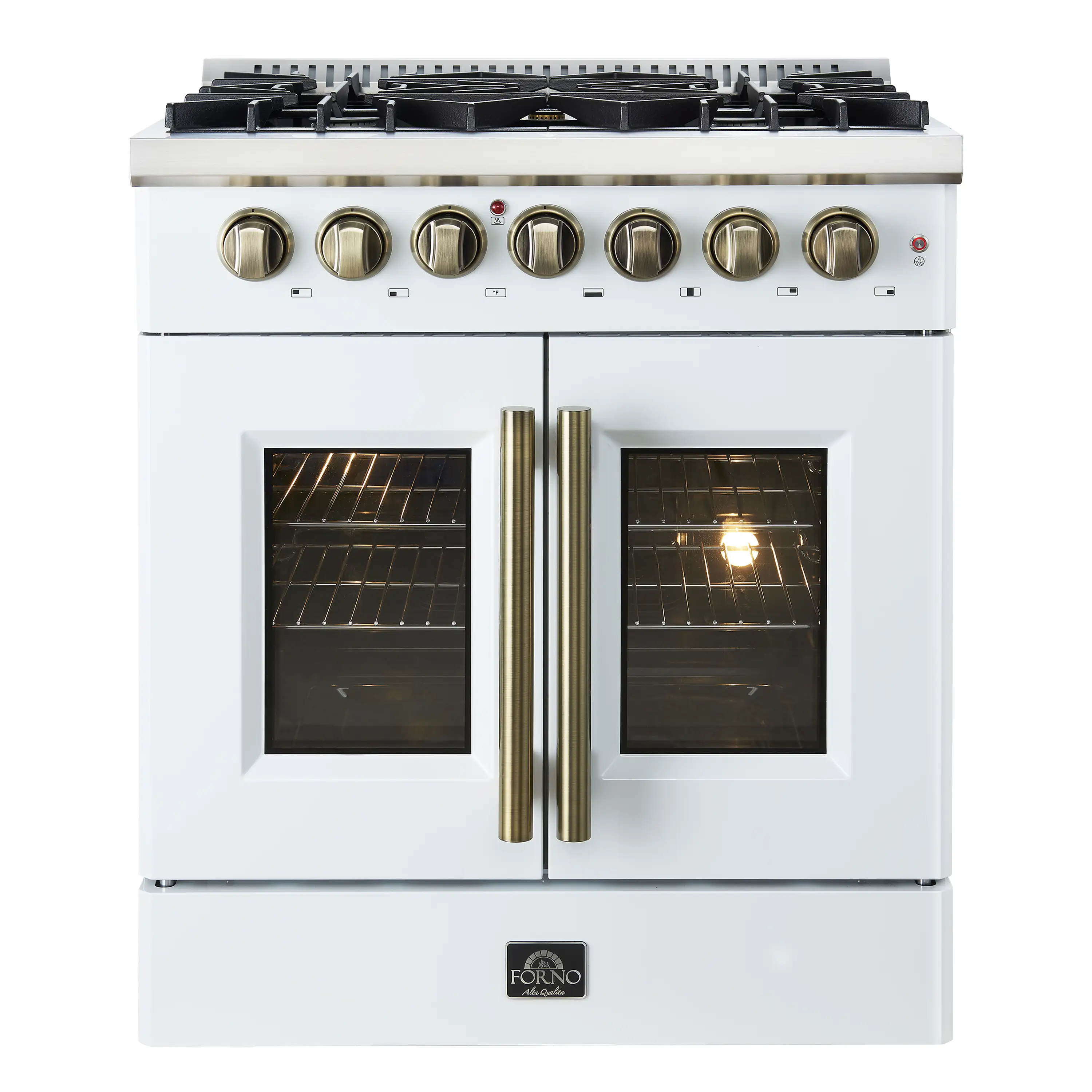 Forno Galiano 30-Inch French Door Dual Fuel Range with 5 Gas Burners and 4.32 Cu.Ft. Electric Convection Oven in White with Antique Brass Trim (FFSGS6356-30WHT)