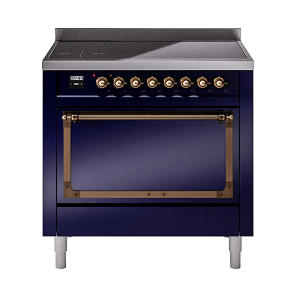 ILVE Nostalgie II Noblesse 36-Inch Induction Range with Solid Door in Midnight Blue with Bronze Trim (UNI366QNMPMBB)