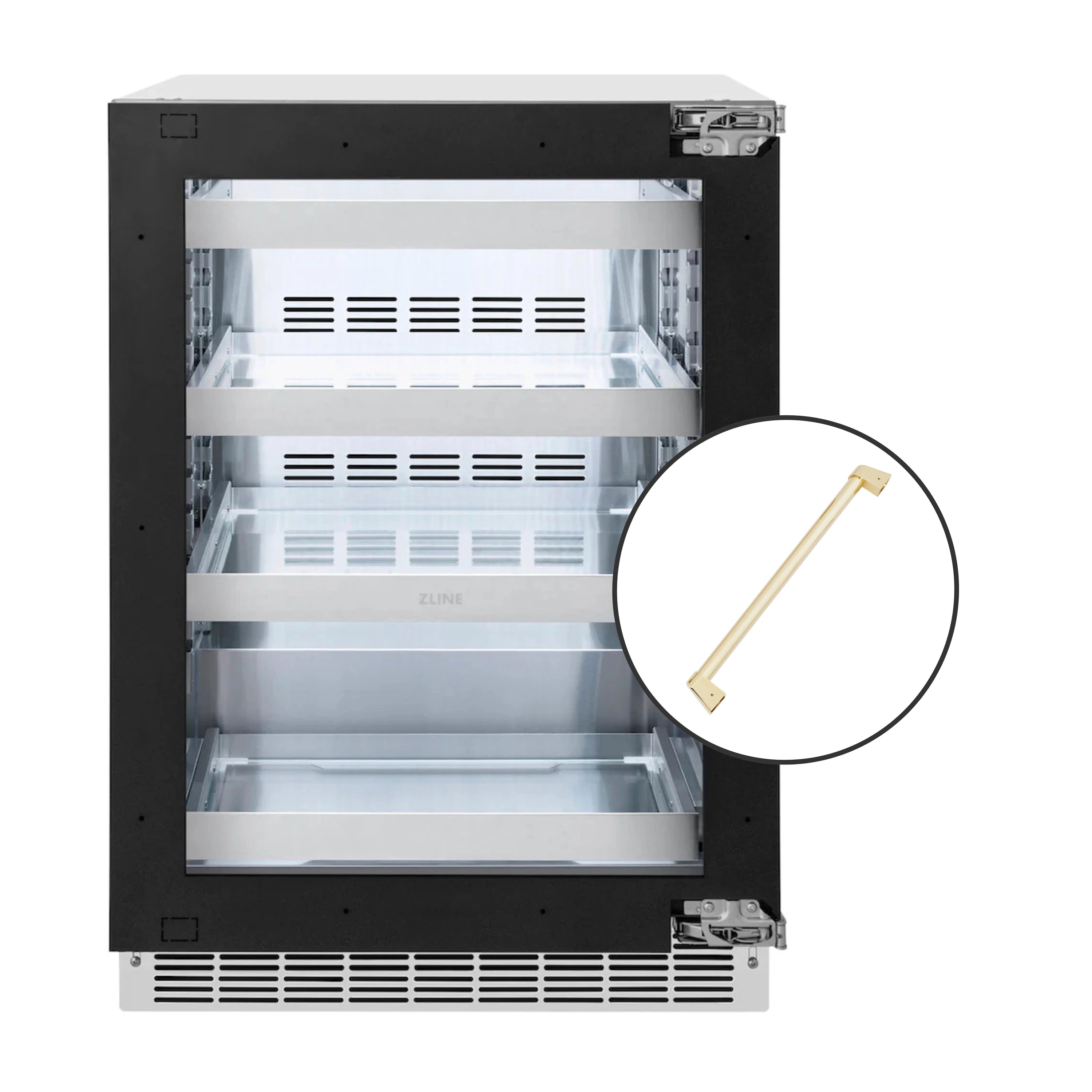 ZLINE Autograph Edition 24-Inch Touchstone 151 Can Indoor/Outdoor Beverage Fridge With Panel Ready Glass Door And Polished Gold Handle (RBSPOZ-24-G)