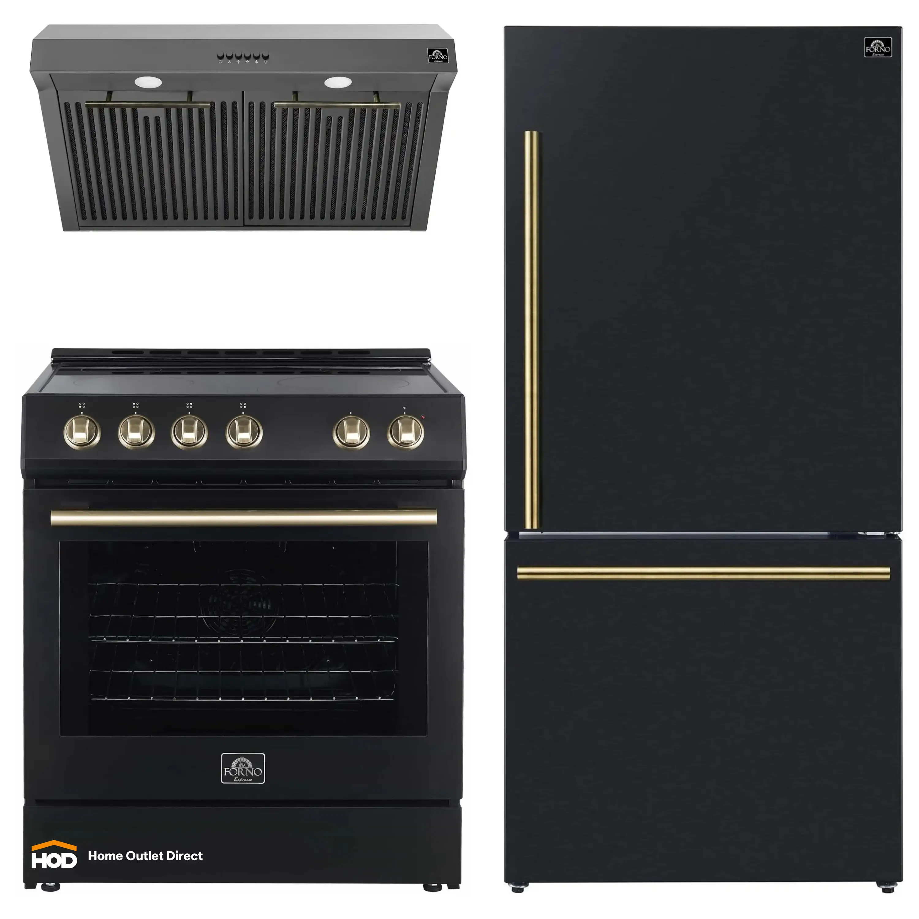 Forno Espresso 3-Piece Appliance Package - 30-Inch Electric Range with 5.0 Cu.Ft. Electric Oven, Refrigerator, and Under Cabinet Range Hood in Black with Antique Brass Trim (FBDL-001-02US)