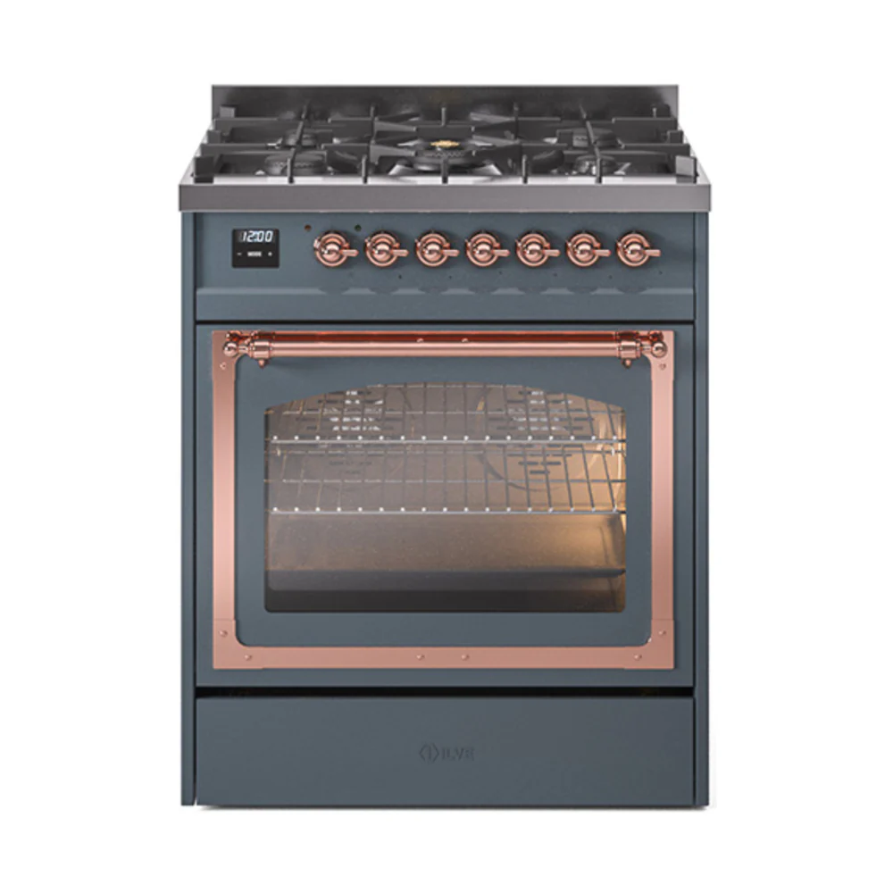 ILVE Nostalgie II Noblesse 30-Inch Dual Fuel Range with Triple Glass Door in Blue Grey with Copper Trim (UN30NMPBGP)