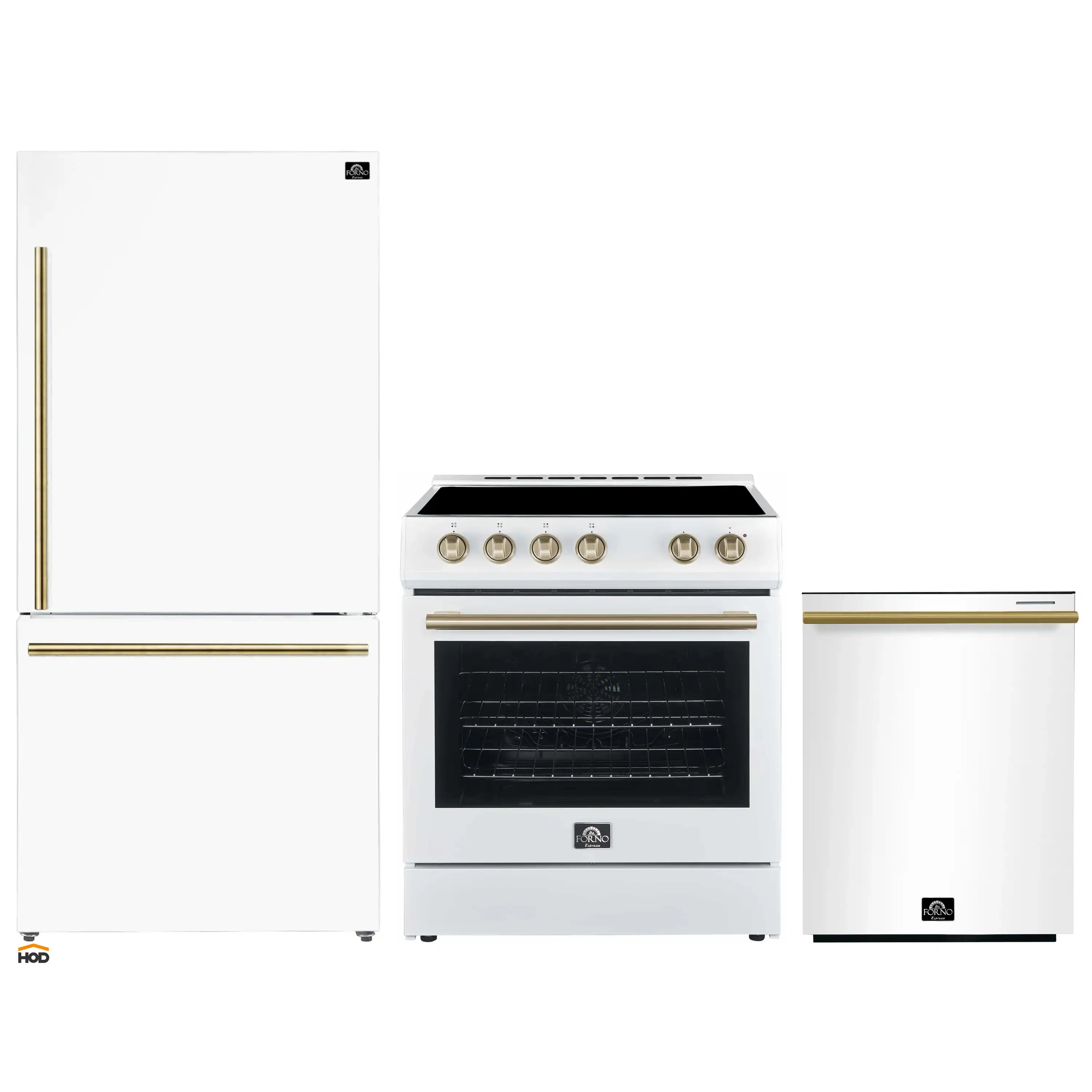 Forno 3-Piece Appliance Package - 30-Inch Leonardo Espresso Electric Range, Refrigerator, & Dishwasher in White with Antique Brass Handle (FBDL-007-03US)