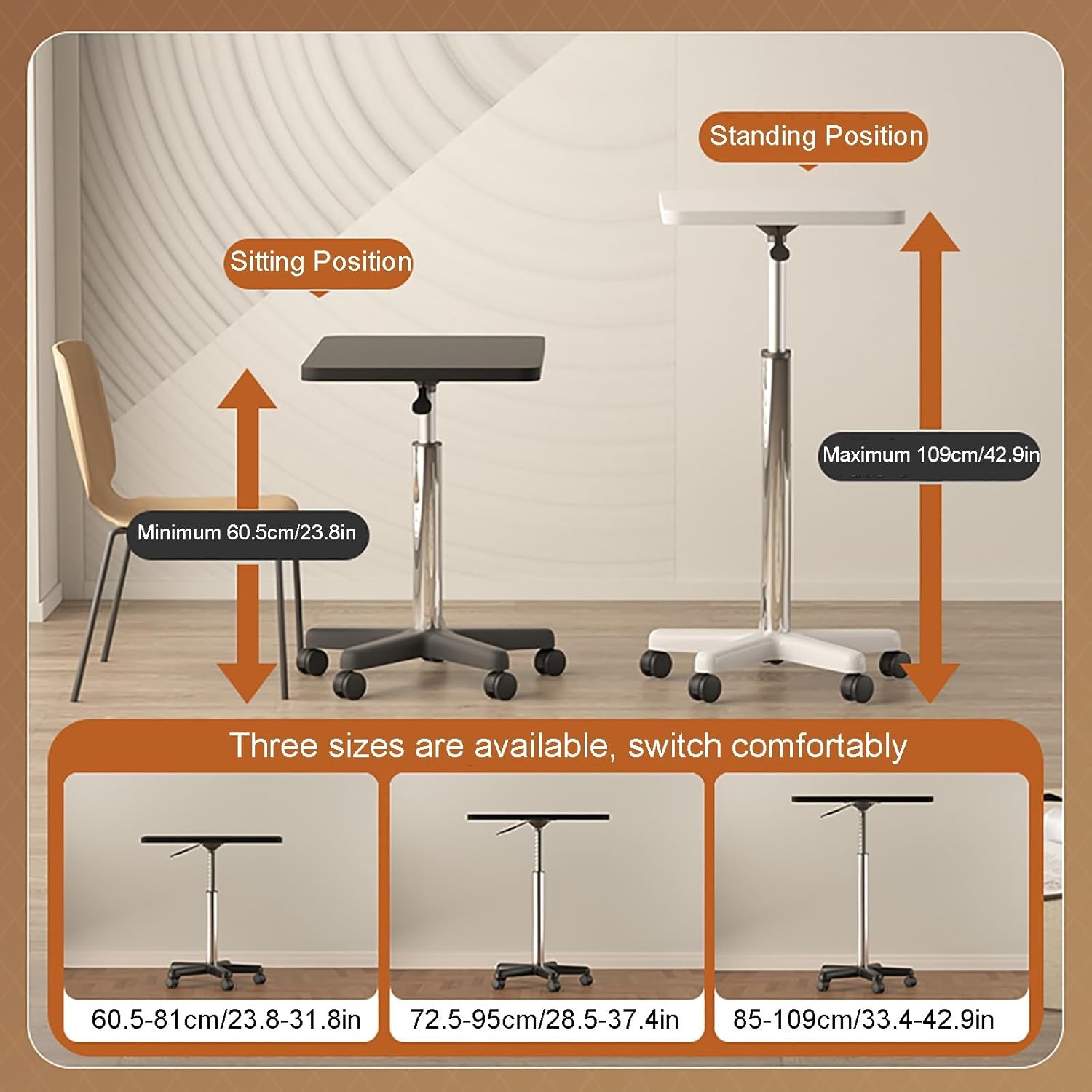Adjustable Overbed Bedside Table with Wheels, 360° Rotation Pneumatic Mobile Standing Desk, Rolling Computer Cart Hospital Home Use(Black,109cm/42.9in)