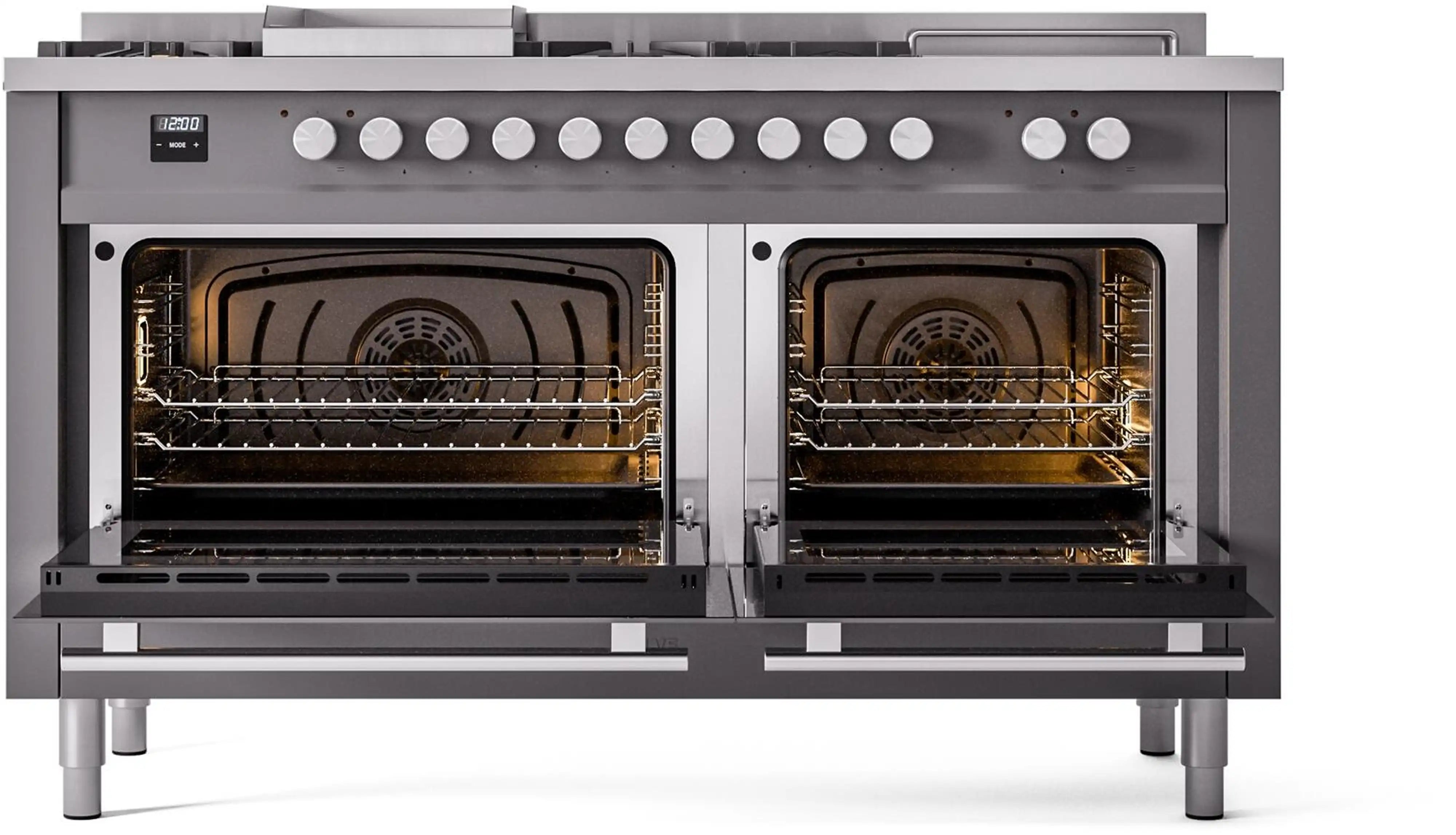 ILVE Professional Plus II 60-Inch Dual Fuel Range with 7 Burners, Griddle, & French Top with Triple Glass Door Oven in Matte Graphite (UP60FSWMPMG)