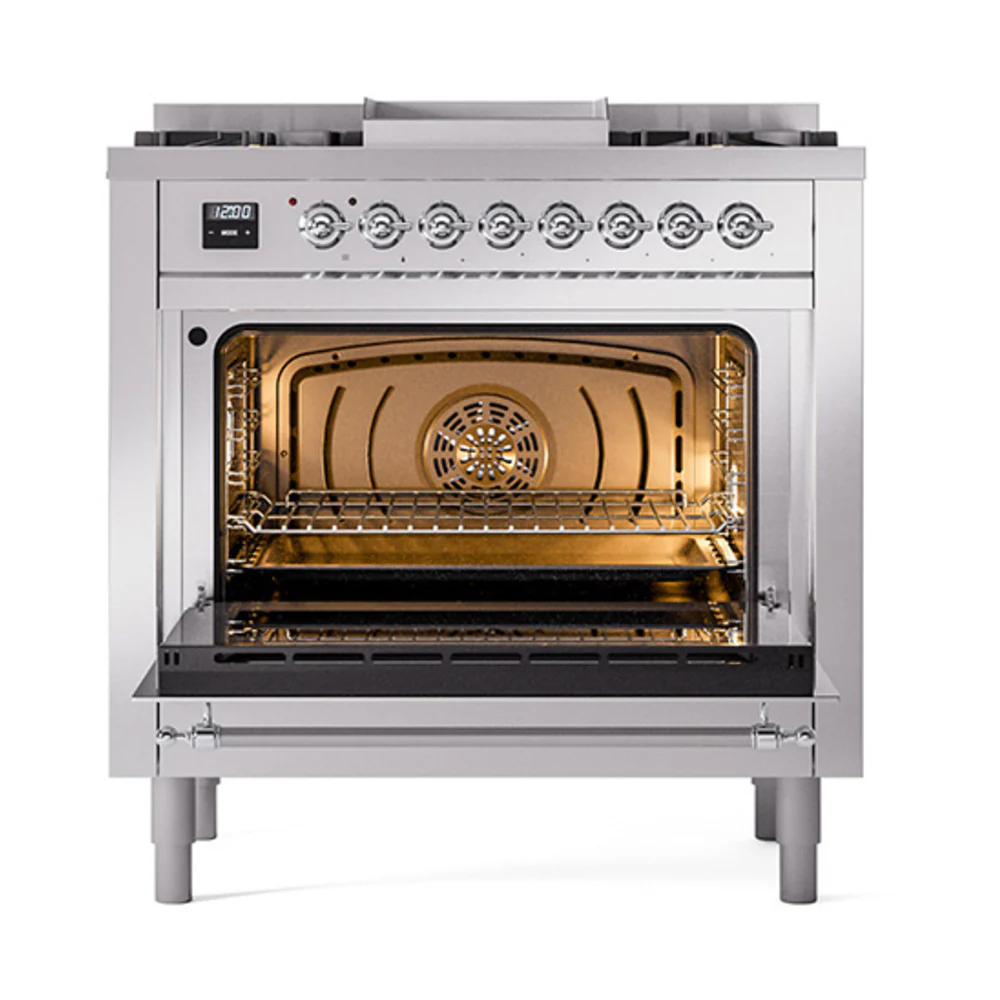 ILVE 36-Inch Nostalgie II Dual Fuel Range with 6 Burners and Solid Door Oven in Stainless Steel with Chrome Trim (UP36FQNMPSSC)