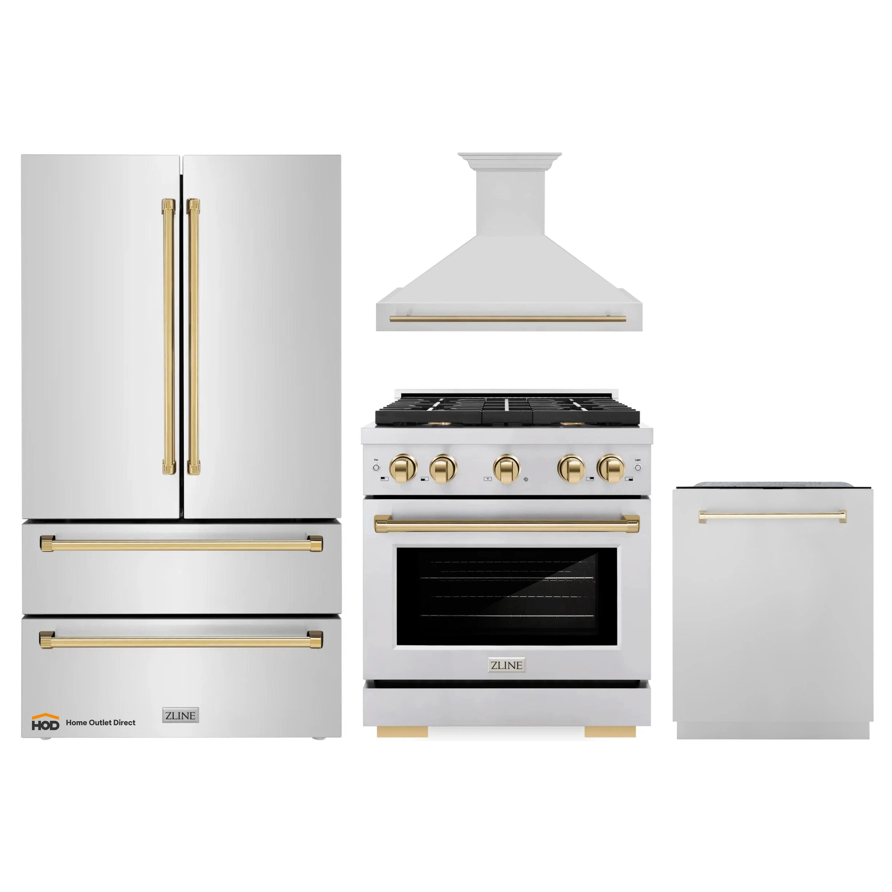 ZLINE Autograph Edition 4-Piece Appliance Package - 30-Inch Gas Range, Refrigerator, Wall Mounted Range Hood, & 24-Inch Tall Tub Dishwasher in Stainless Steel with Gold Trim (4KAPR-SGRRHDWM30-G)