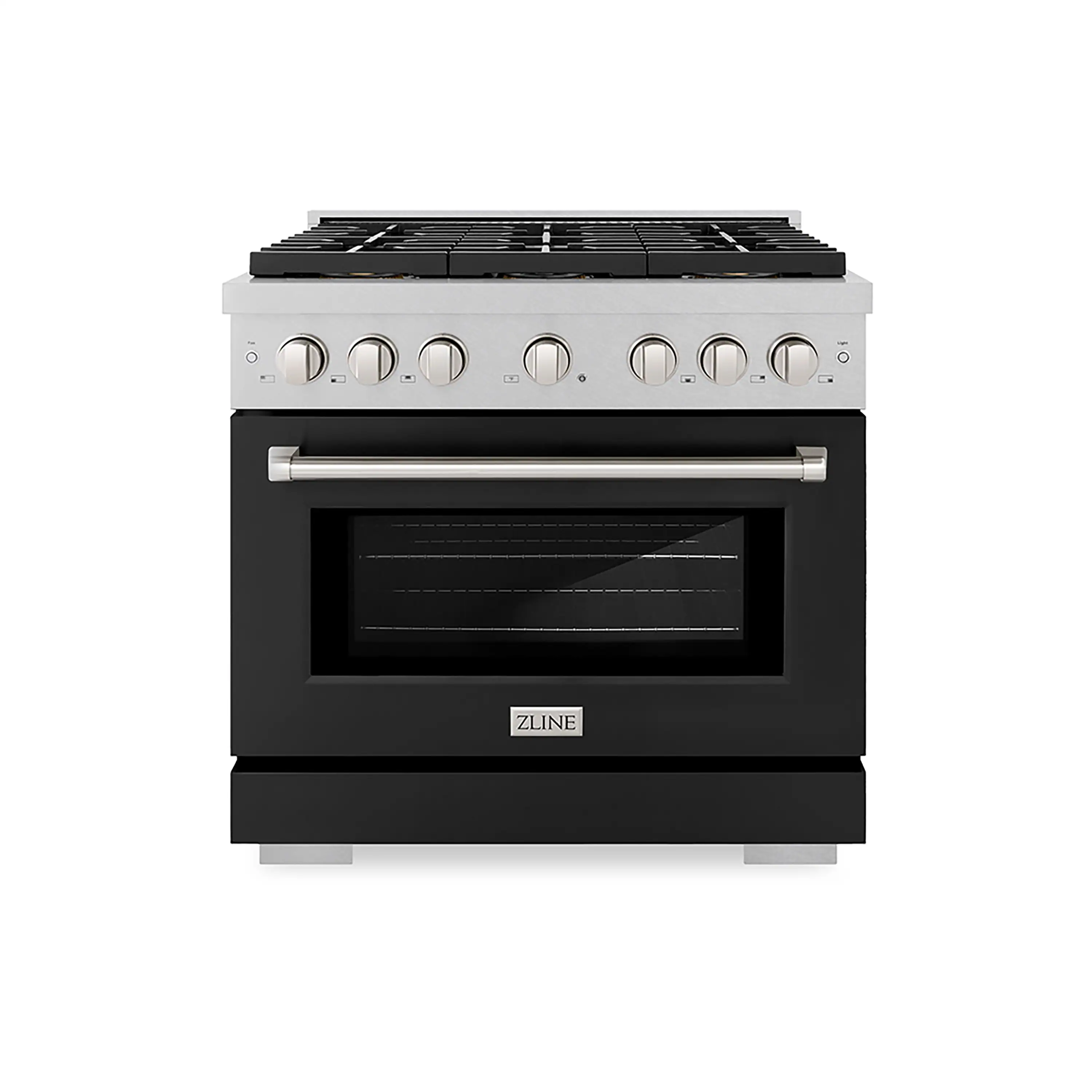 ZLINE 36-Inch 5.2 cu. ft. Paramount Gas Range with 6 Burner DuoPro鈩?Cooktop and Convection Gas Oven in Satin Stainless Steel with Black Matte Door (PSGRS-BLM-36)