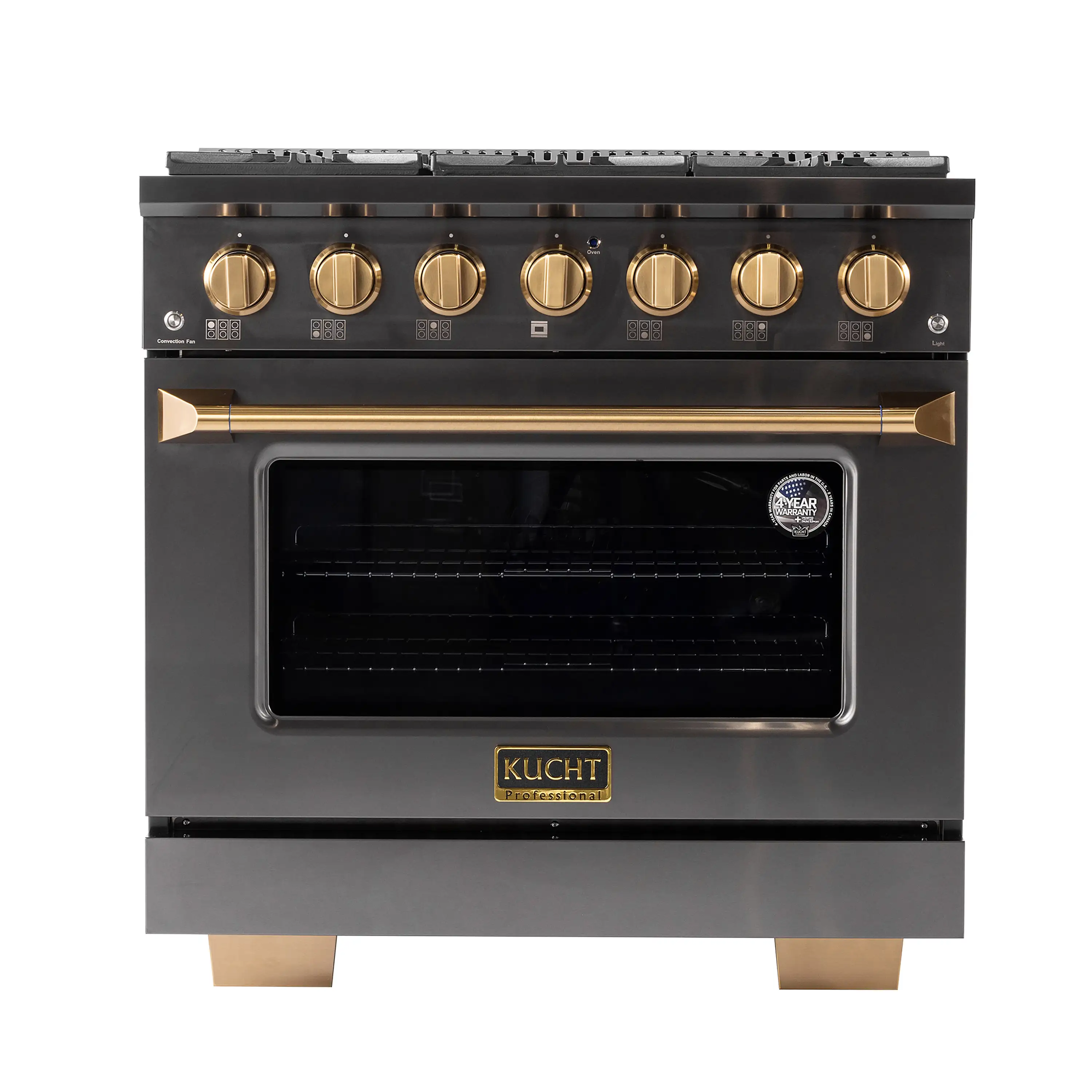 KUCHT Gemstone Professional 36-Inch 5.2 cu. ft. Gas Range with Sealed Burners and Convection Oven in Titanium Stainless Steel with Gold Accents (KEG363)
