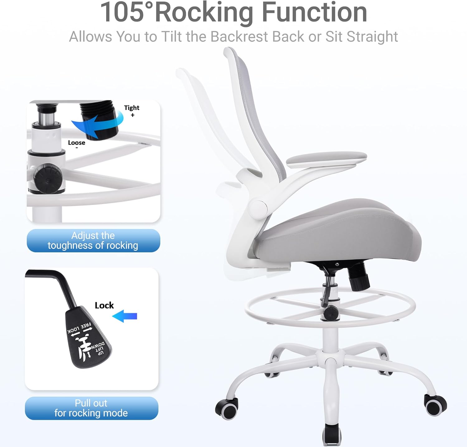 HYLONE Drafting Chair Tall Office Chair with Flip-Up Armrests Ergonomic Computer Chair with Lumbar Support Adjustable Footrest Ring Mesh Standing Desk Chair (Grey)