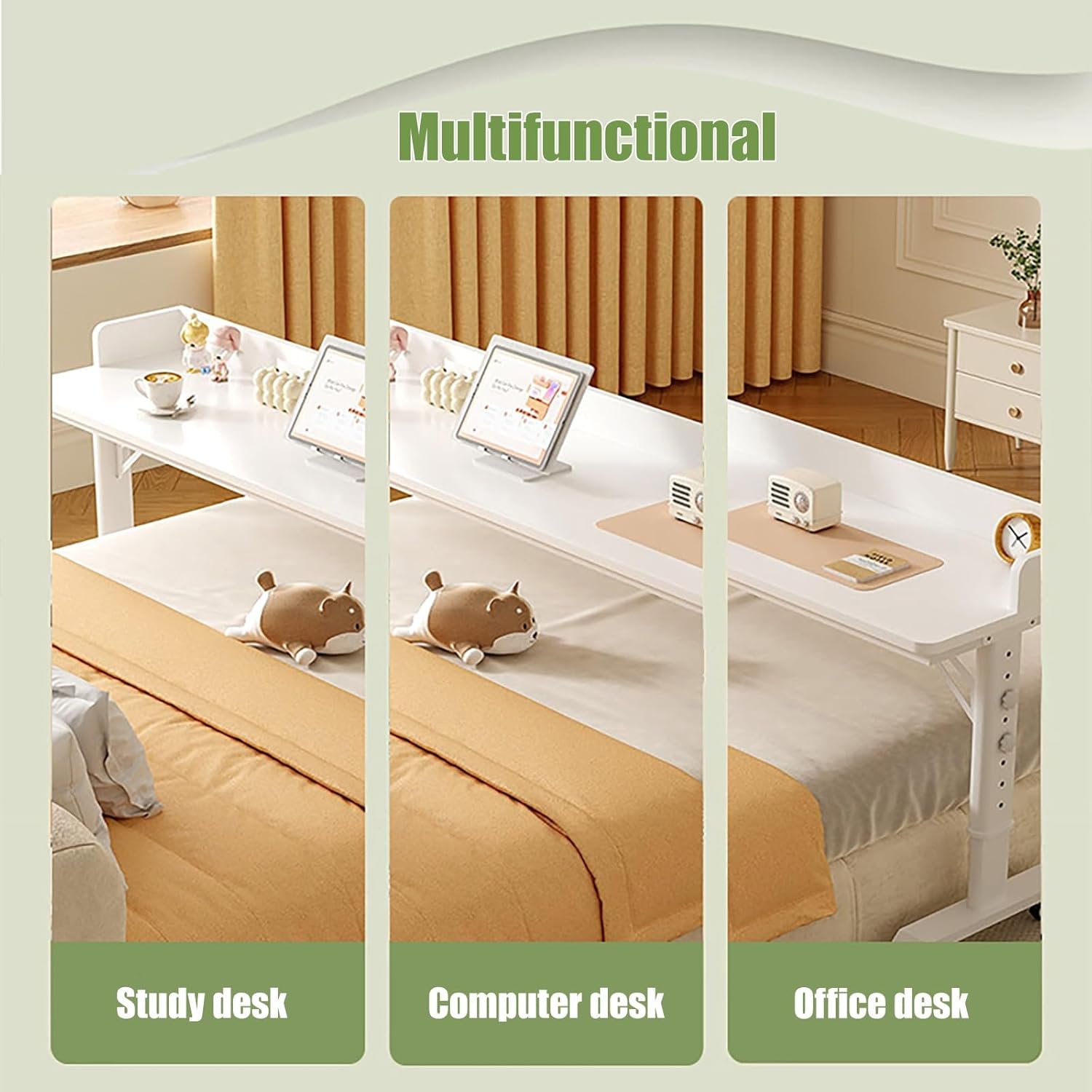 Overbed Table with 360° Wheels, Mobile Bed Desk with Metal Leg, Bed Desk Recliner Table Adjustable Height Laptop Table, for Working Reading Eating(White 3,100 * 40 * 63cm/39 * 16 * 25in)