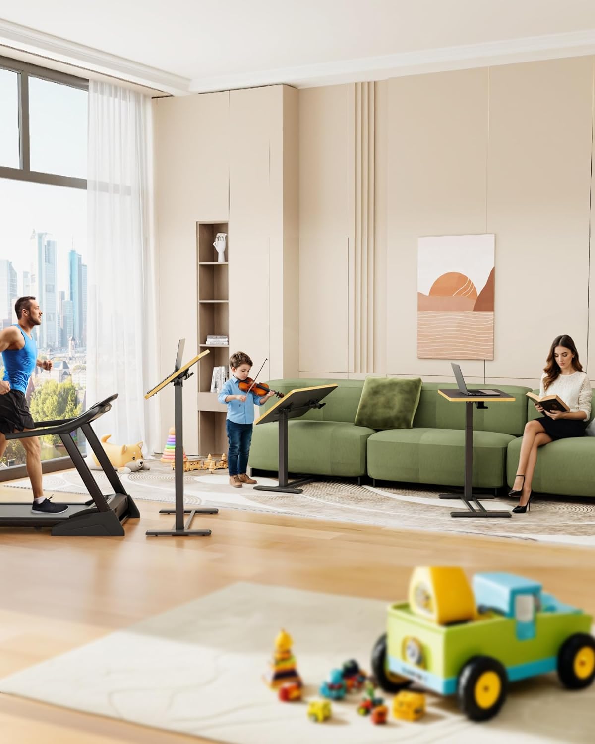 SANODESK Medical Adjustable Overbed Bedside Table with Casters 90° Tilt Top Pneumatic Mobile Rolling Laptop Computer Standing Desk Cart with Tray, Hospital and Home Use(27.6