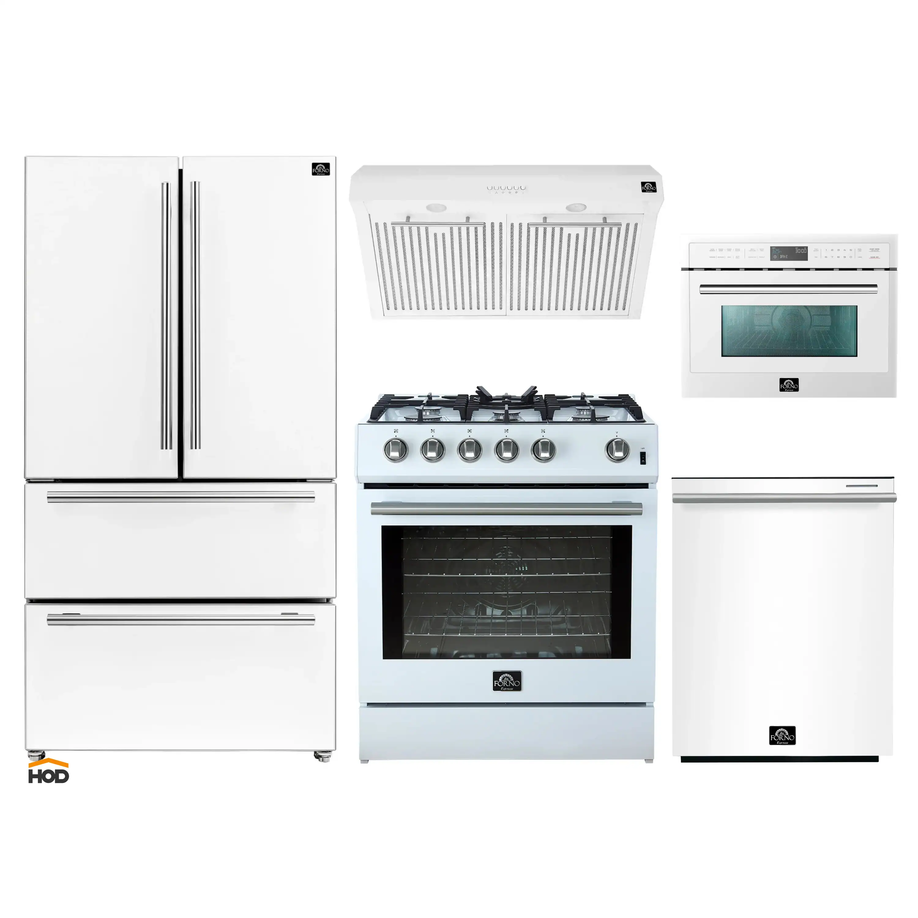 Forno 5-Piece Appliance Package - 30-Inch Gas Range, Under Cabinet Range Hood, Refrigerator, Dishwasher, and 24-Inch Microwave Oven in White with Stainless Steel Trim