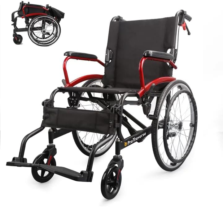 Wheelchairs for Adults,self-propelled Transport Chair,Foldable and Portable Travel Wheelchair with Swing-Away Footrests,Lightweight Transfer Wheelchairs for Adults adnd Seniors（Red）