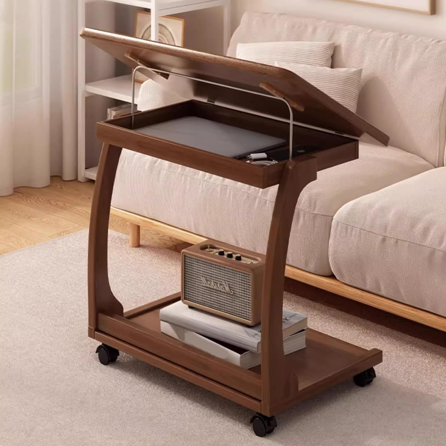 Overbed Table with Wheels Adjustable Standing Laptop Cart, Sturdy Wood Computer Desk with Tiltable Tabletop for Laptop and Bedroom Work(60cm/23.6in)