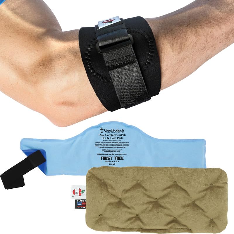 Core Products Elbow Brace & Treatment Bundle - Elbow Brace for Tendonitis and Tennis Elbow - Includes Adjustable Neoprene Elbow Brace, Moist Heat Pack, Hot/Cold Pack