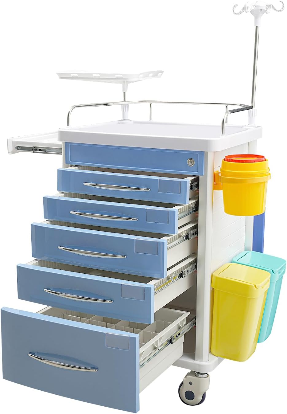 Medical Rolling Storage Crash Cart with Wheels & Drawers Medical Trolley with CPR Board, O2 Holder, Needle Disposal Holder, Trash Bin for Clinic, Hospital, Nursing Center (Blue)