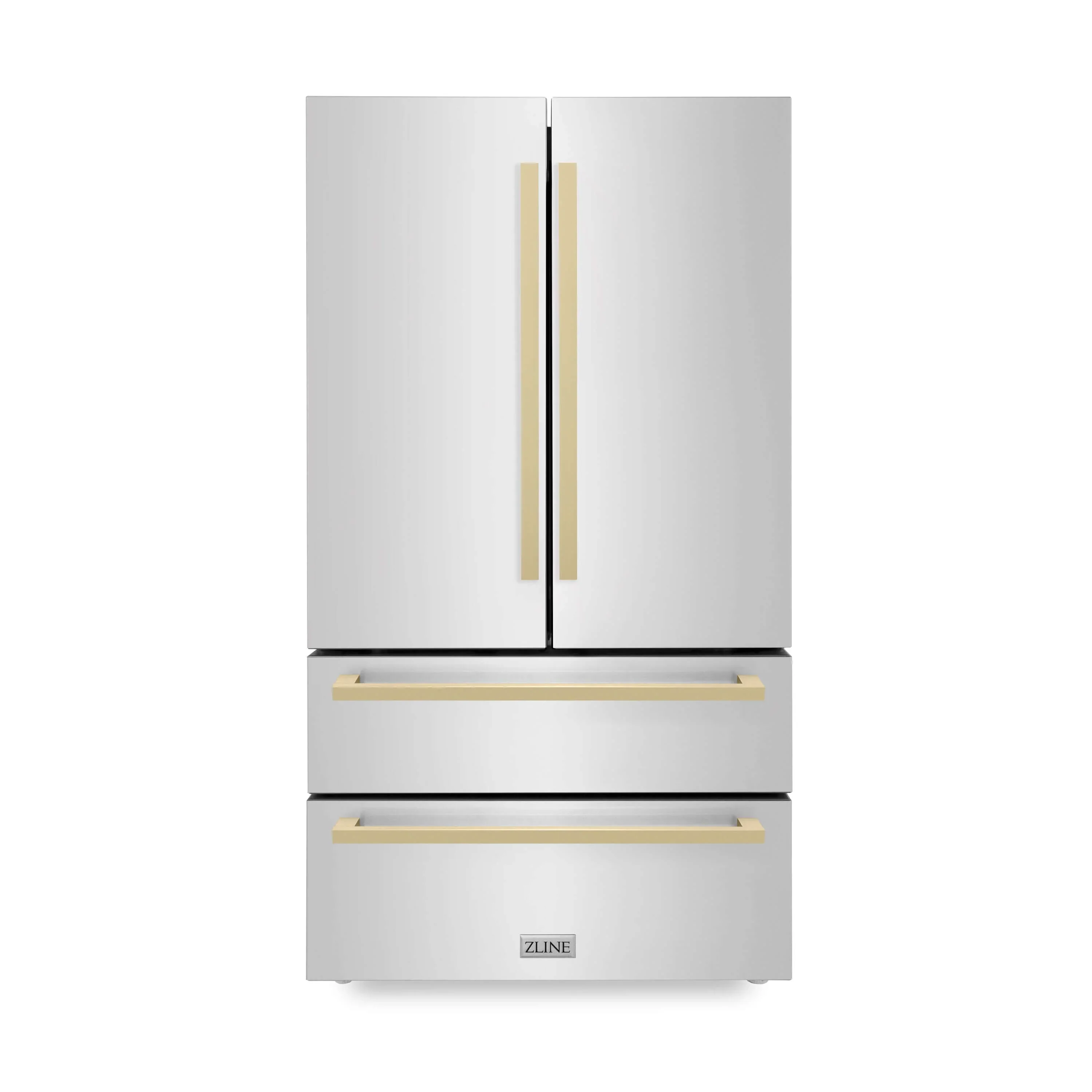 ZLINE 36-Inch Autograph Edition 22.5 cu. ft 4-Door French Door Refrigerator with Ice Maker in Stainless Steel with Champagne Bronze Square Handles (RFMZ-36-FCB)